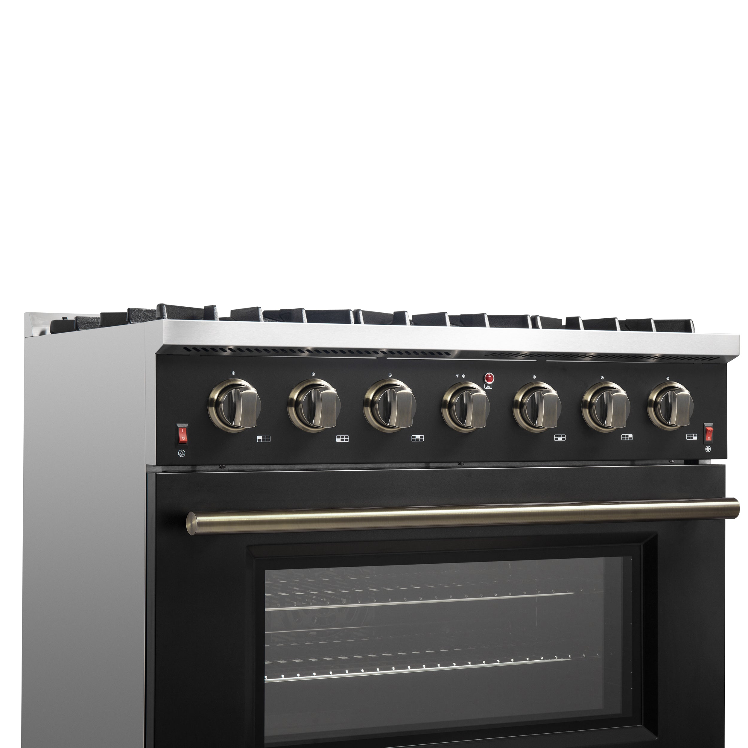 Forno Galiano 36 Inch Gas Range, 5.36 cu. ft. Oven, 6 Sealed Burners, Black with Antique Brass Accents, Model FFSGS6244-36BLK