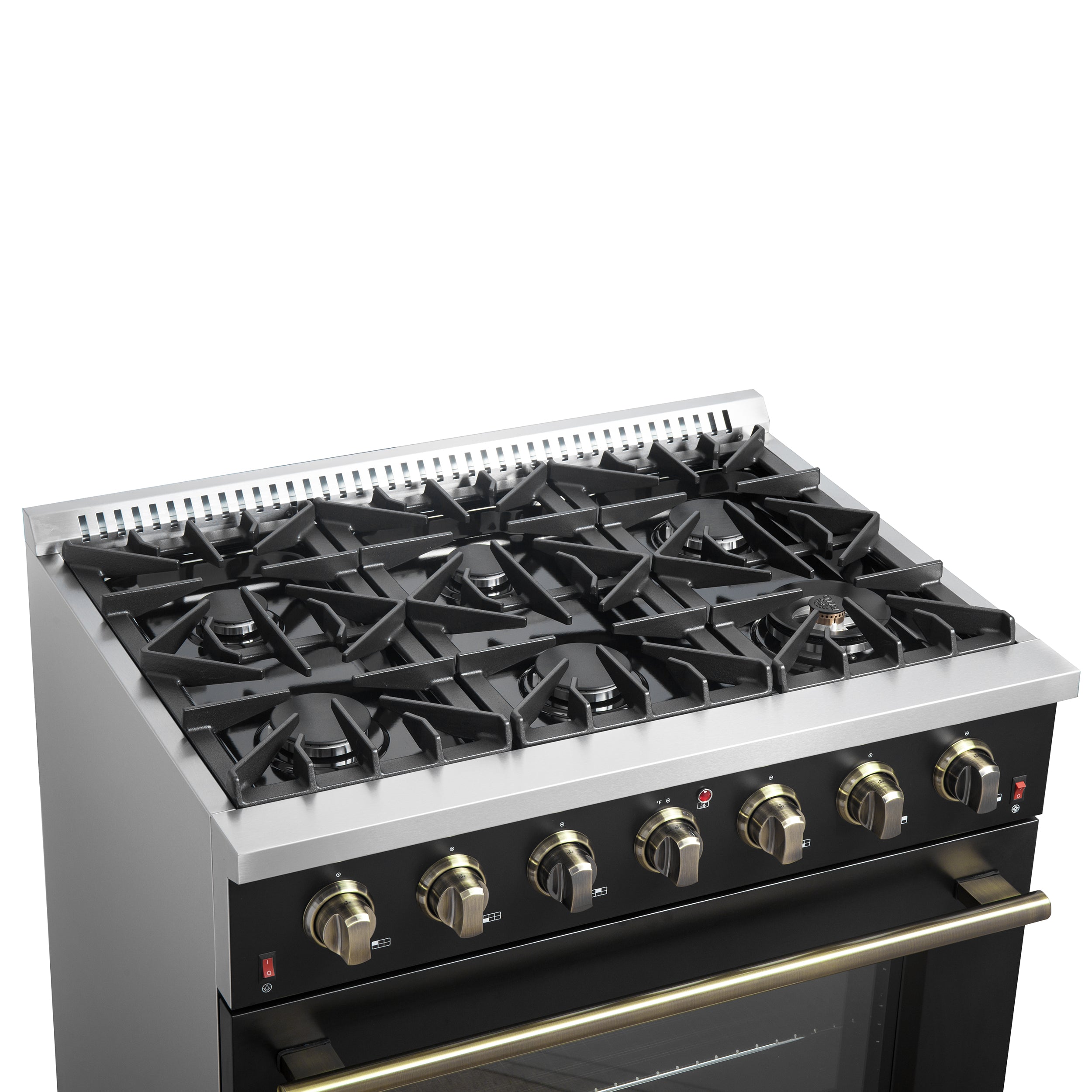 Forno Galiano 36 Inch Gas Range, 5.36 cu. ft. Oven, 6 Sealed Burners, Black with Antique Brass Accents, Model FFSGS6244-36BLK