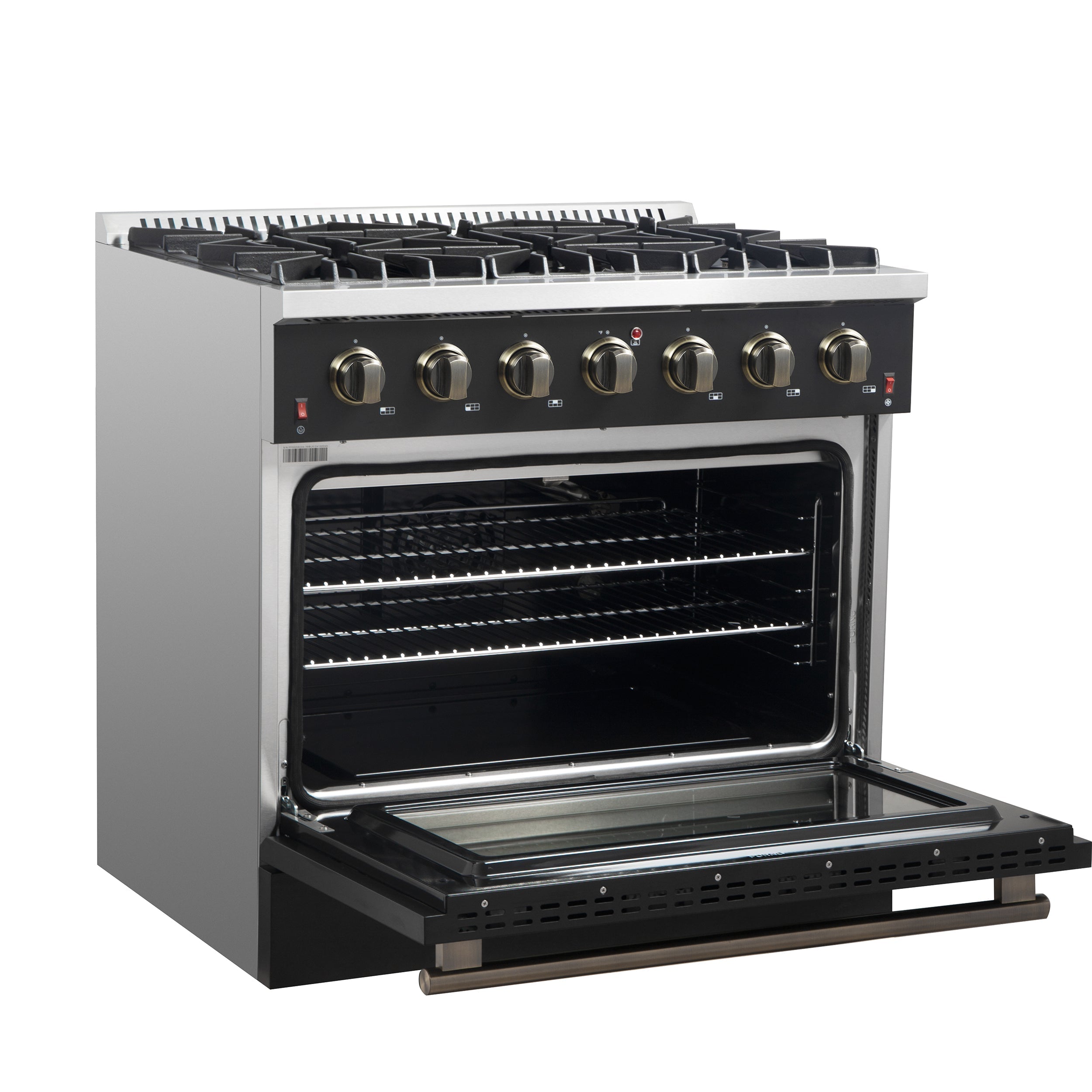Forno Galiano 36 Inch Gas Range, 5.36 cu. ft. Oven, 6 Sealed Burners, Black with Antique Brass Accents, Model FFSGS6244-36BLK