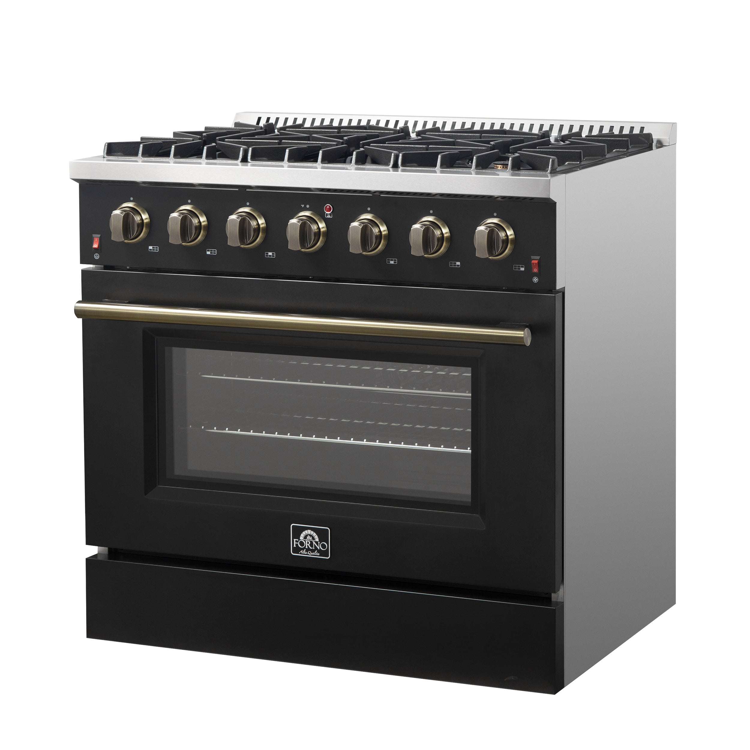 Forno Galiano 36 Inch Gas Range, 5.36 cu. ft. Oven, 6 Sealed Burners, Black with Antique Brass Accents, Model FFSGS6244-36BLK