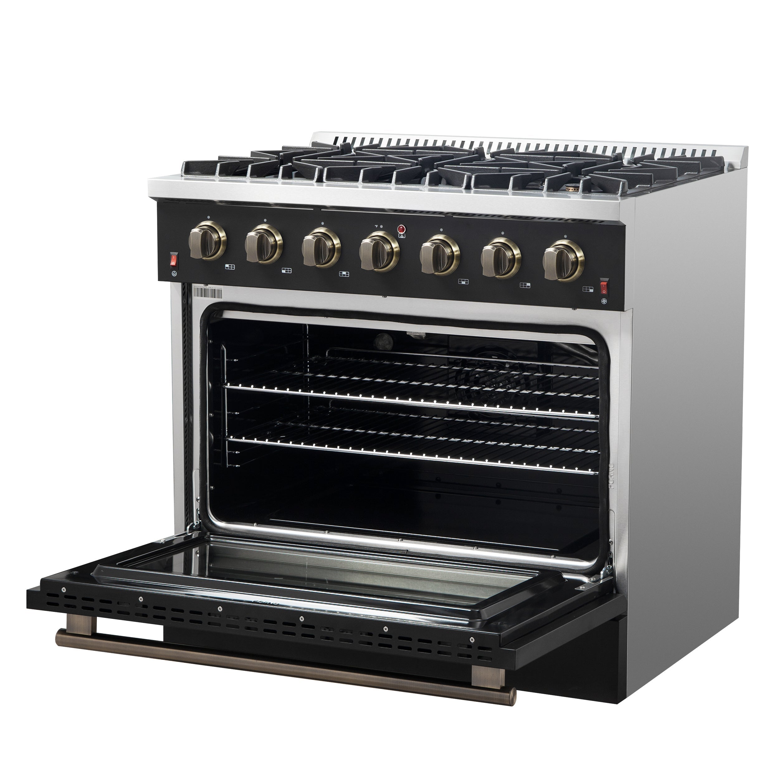 Forno Galiano 36 Inch Gas Range, 5.36 cu. ft. Oven, 6 Sealed Burners, Black with Antique Brass Accents, Model FFSGS6244-36BLK