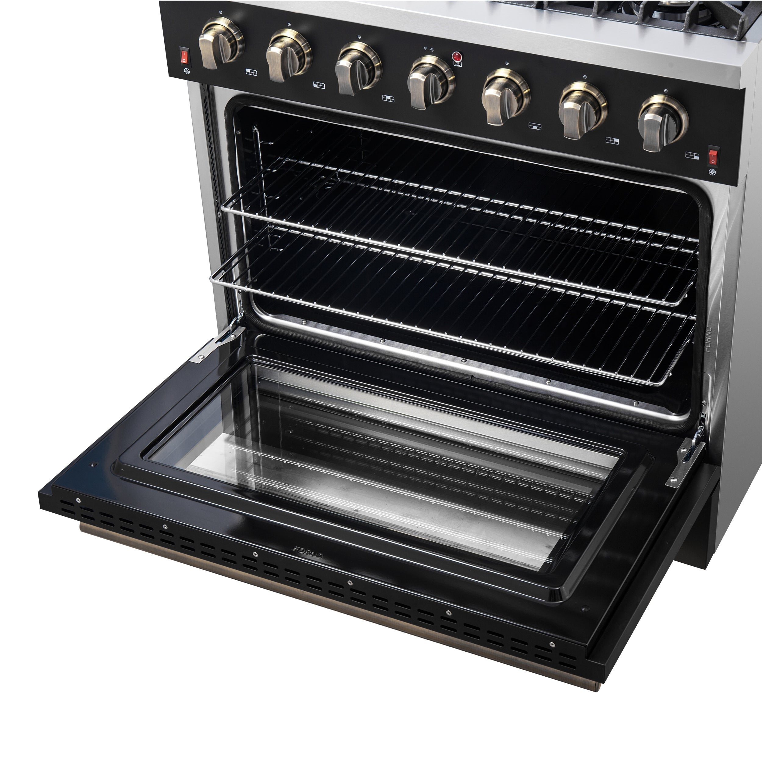 Forno Galiano 36 Inch Gas Range, 5.36 cu. ft. Oven, 6 Sealed Burners, Black with Antique Brass Accents, Model FFSGS6244-36BLK