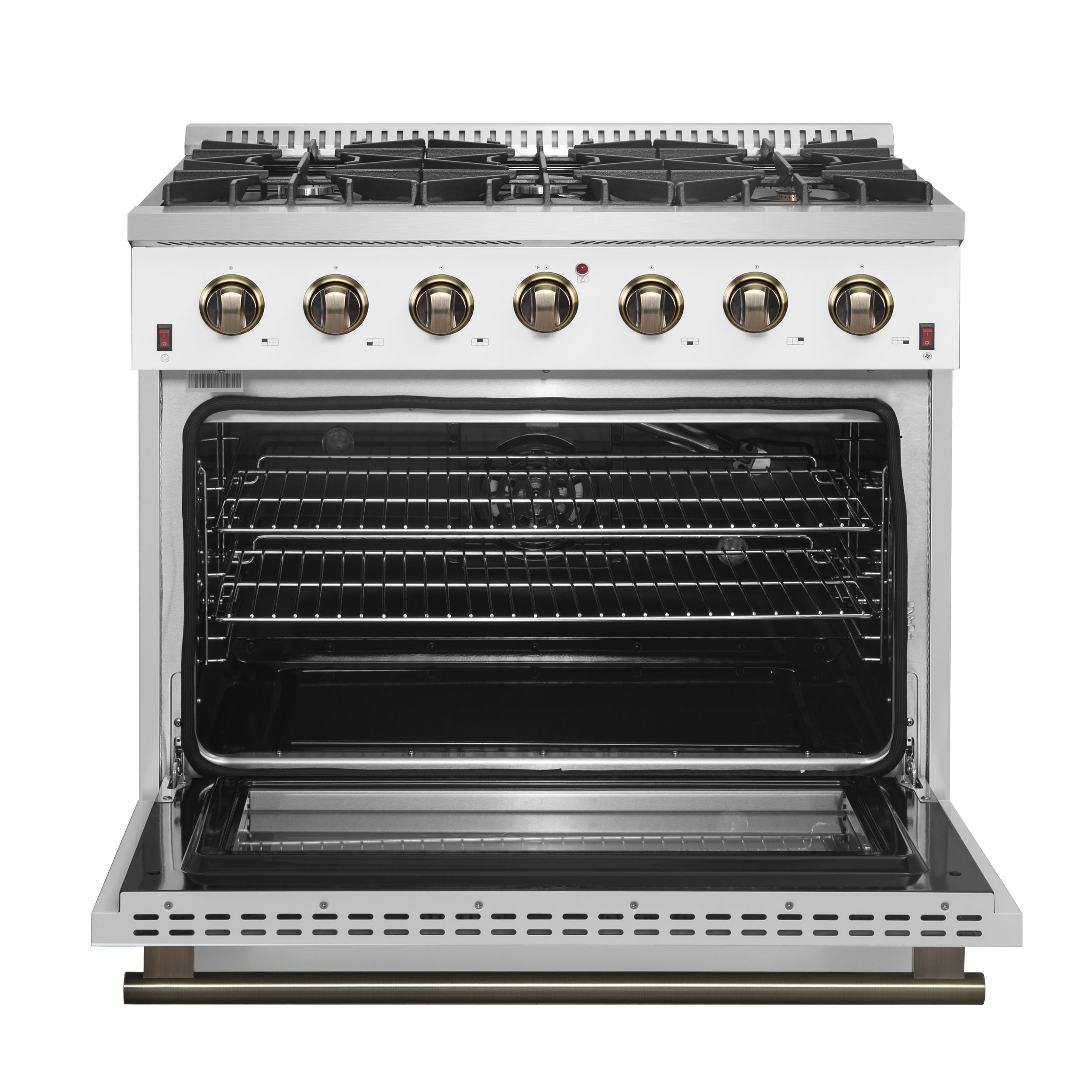 Forno Galiano 36 Inch Gas Range, 5.36 cu. ft. Oven, 6 Sealed Burners, White with Antique Brass Accents, Model FFSGS6244-36WHT
