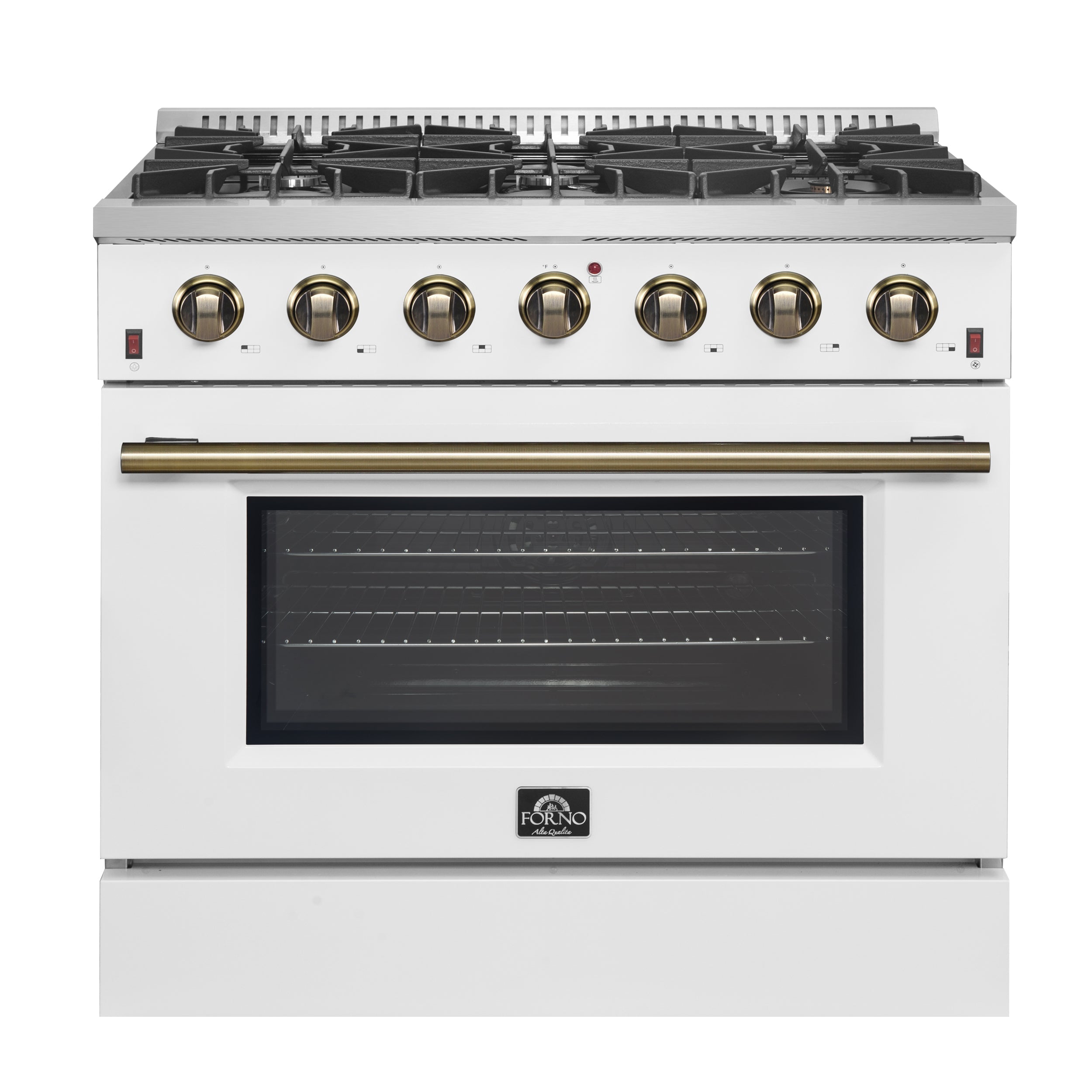 Forno Galiano 36 Inch Gas Range, 5.36 cu. ft. Oven, 6 Sealed Burners, White with Antique Brass Accents, Model FFSGS6244-36WHT