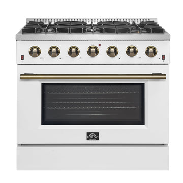 Forno Galiano 36 Inch Gas Range, 5.36 cu. ft. Oven, 6 Sealed Burners, White with Antique Brass Accents, Model FFSGS6244-36WHT