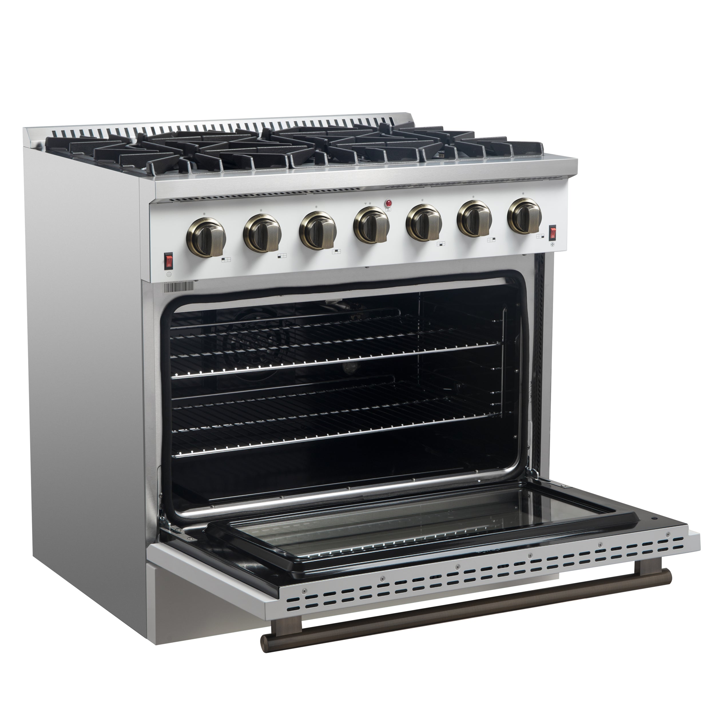 Forno Galiano 36 Inch Gas Range, 5.36 cu. ft. Oven, 6 Sealed Burners, White with Antique Brass Accents, Model FFSGS6244-36WHT