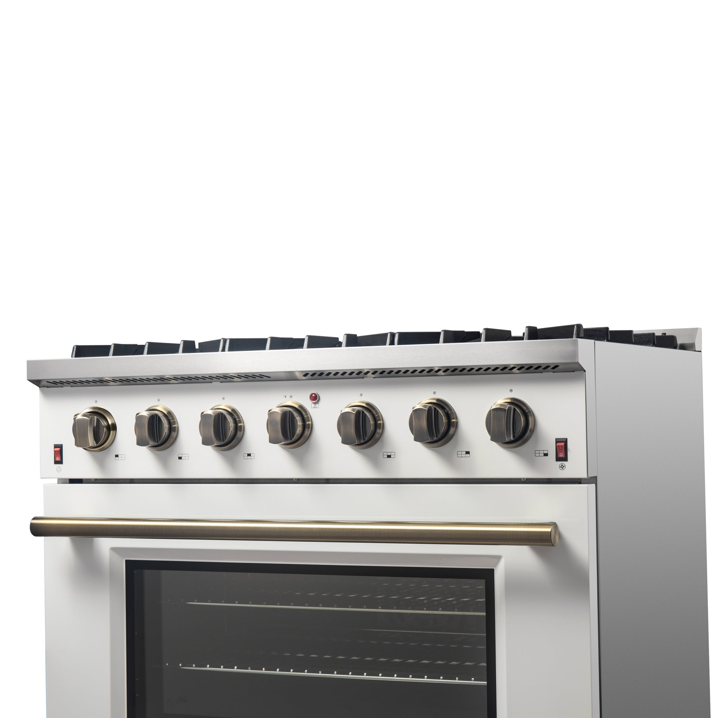 Forno Galiano 36 Inch Gas Range, 5.36 cu. ft. Oven, 6 Sealed Burners, White with Antique Brass Accents, Model FFSGS6244-36WHT