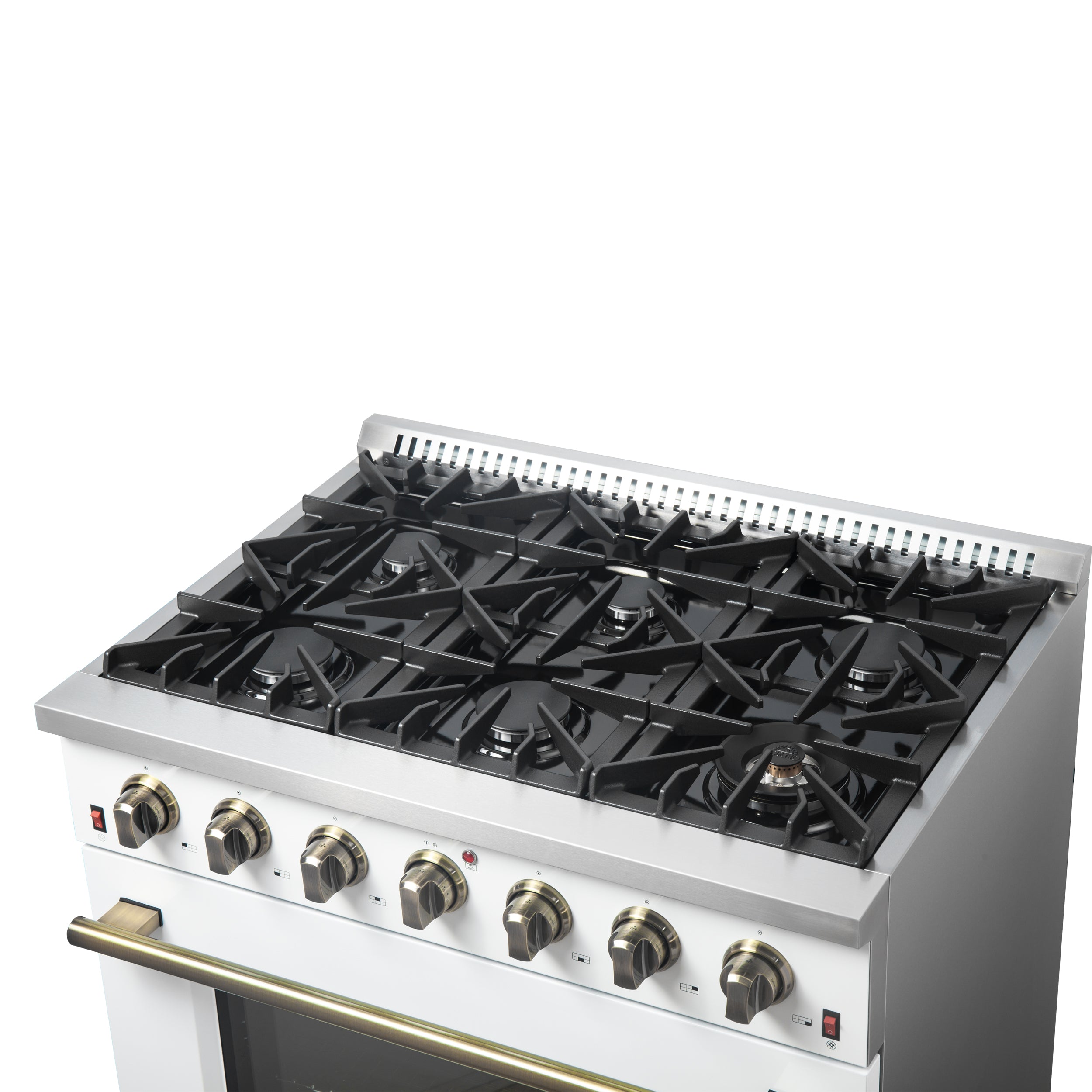 Forno Galiano 36 Inch Gas Range, 5.36 cu. ft. Oven, 6 Sealed Burners, White with Antique Brass Accents, Model FFSGS6244-36WHT