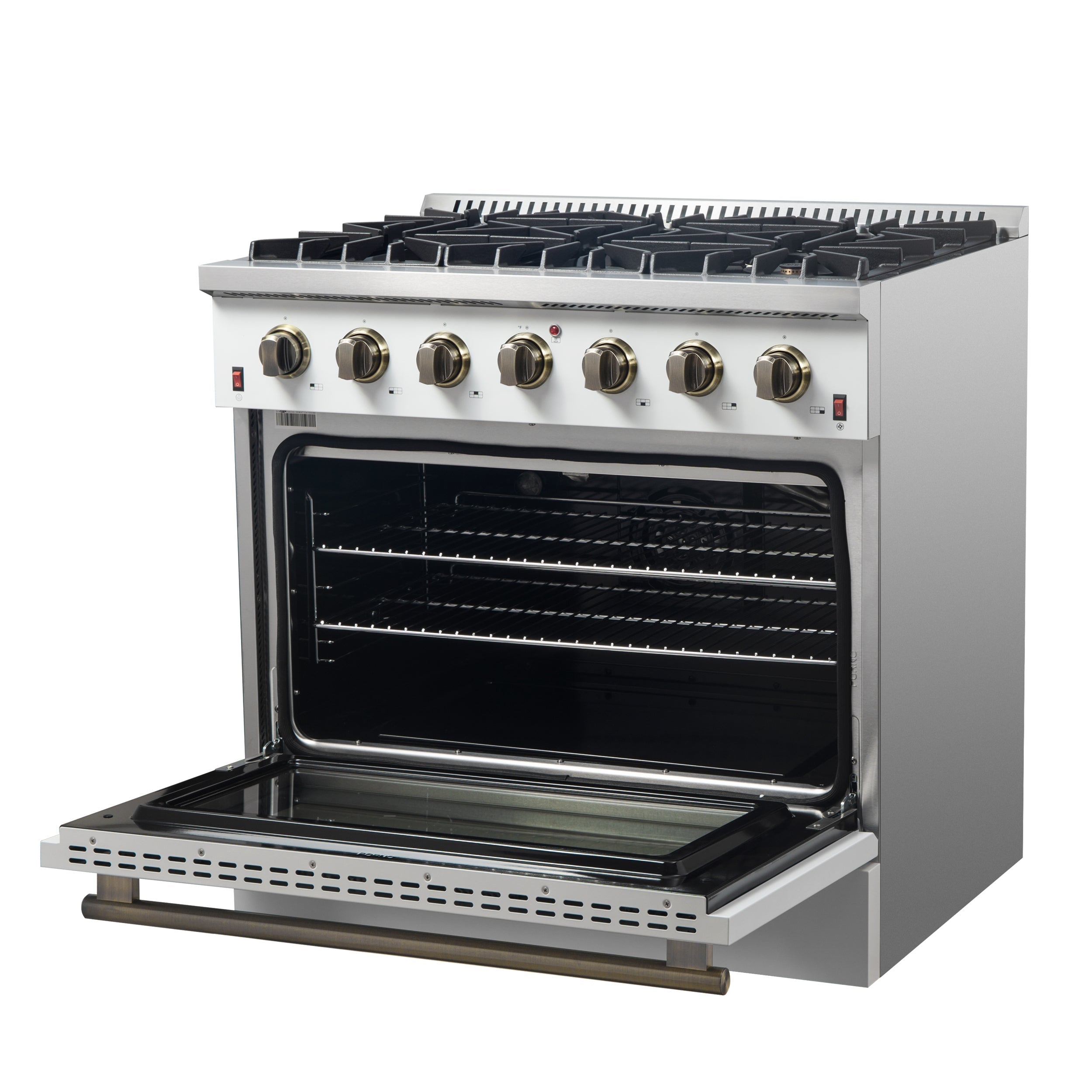 Forno Galiano 36 Inch Gas Range, 5.36 cu. ft. Oven, 6 Sealed Burners, White with Antique Brass Accents, Model FFSGS6244-36WHT