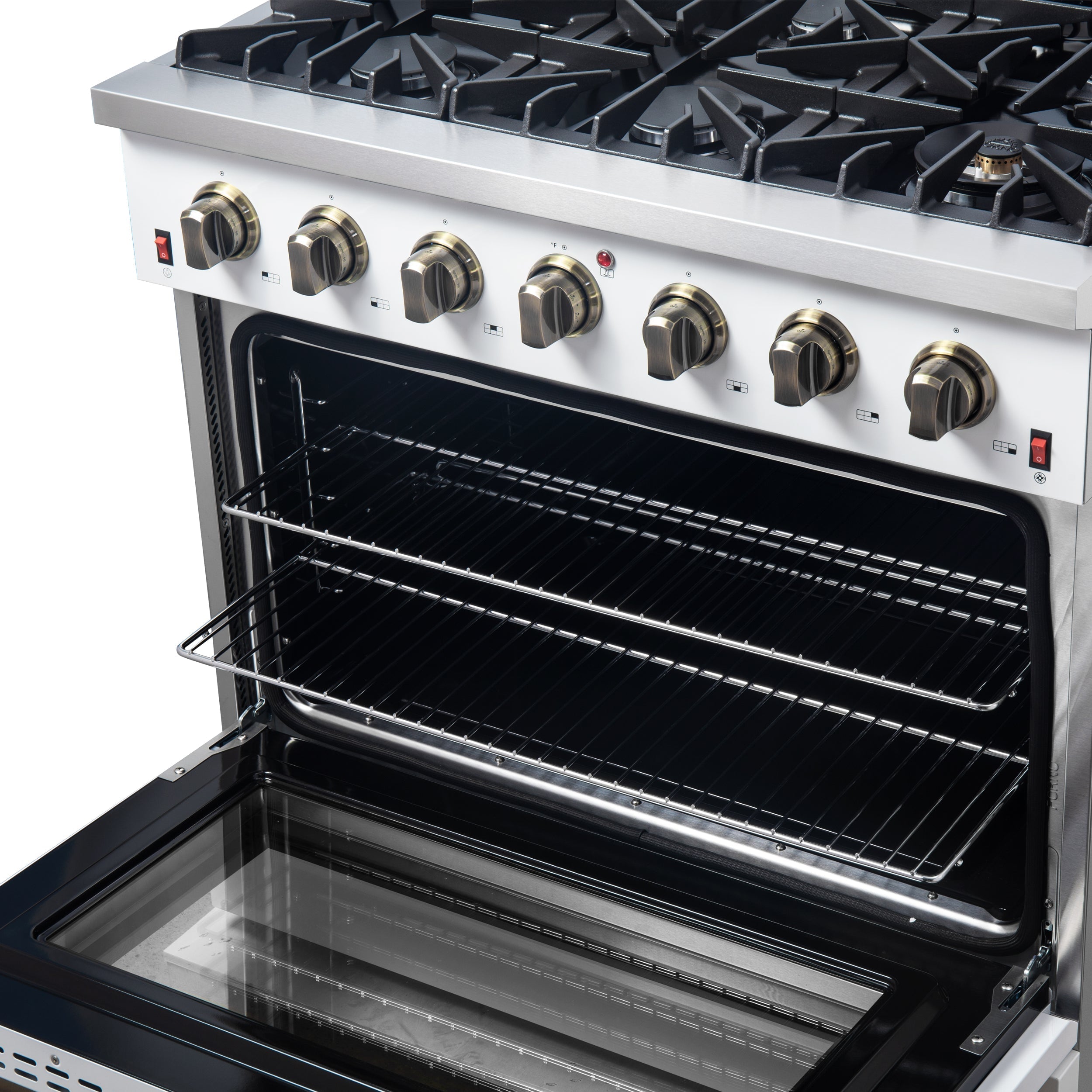 Forno Galiano 36 Inch Gas Range, 5.36 cu. ft. Oven, 6 Sealed Burners, White with Antique Brass Accents, Model FFSGS6244-36WHT