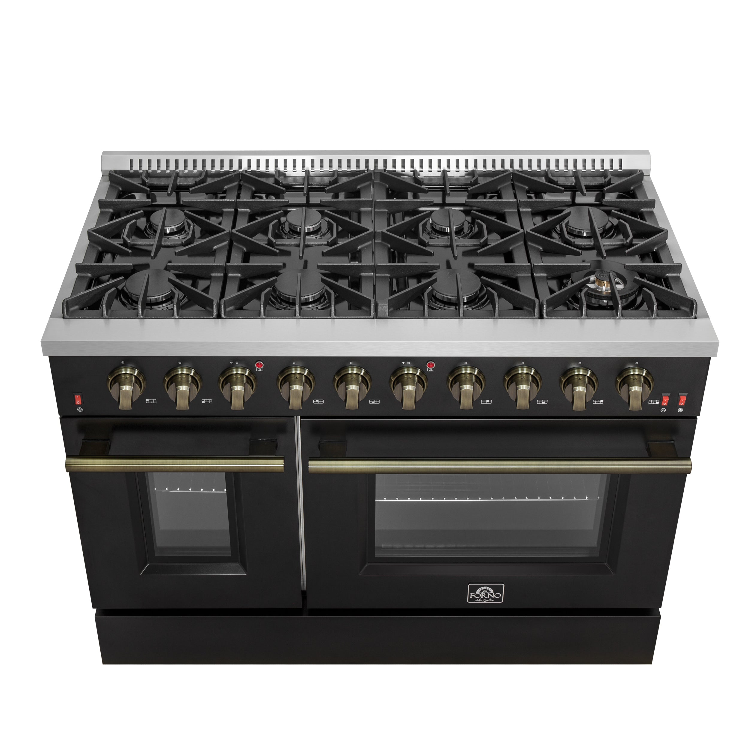 Forno Galiano 48-Inch Gas Range, 6.58 cu. ft. Double Oven, 8 Sealed Burners, Griddle, Black with Antique Brass Accents (Model FFSGS6244-48BLK)
