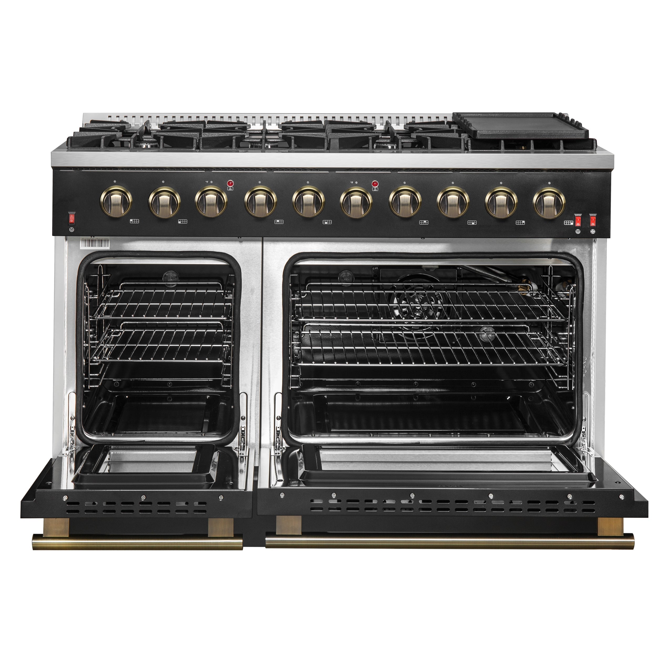 Forno Galiano 48-Inch Gas Range, 6.58 cu. ft. Double Oven, 8 Sealed Burners, Griddle, Black with Antique Brass Accents (Model FFSGS6244-48BLK)