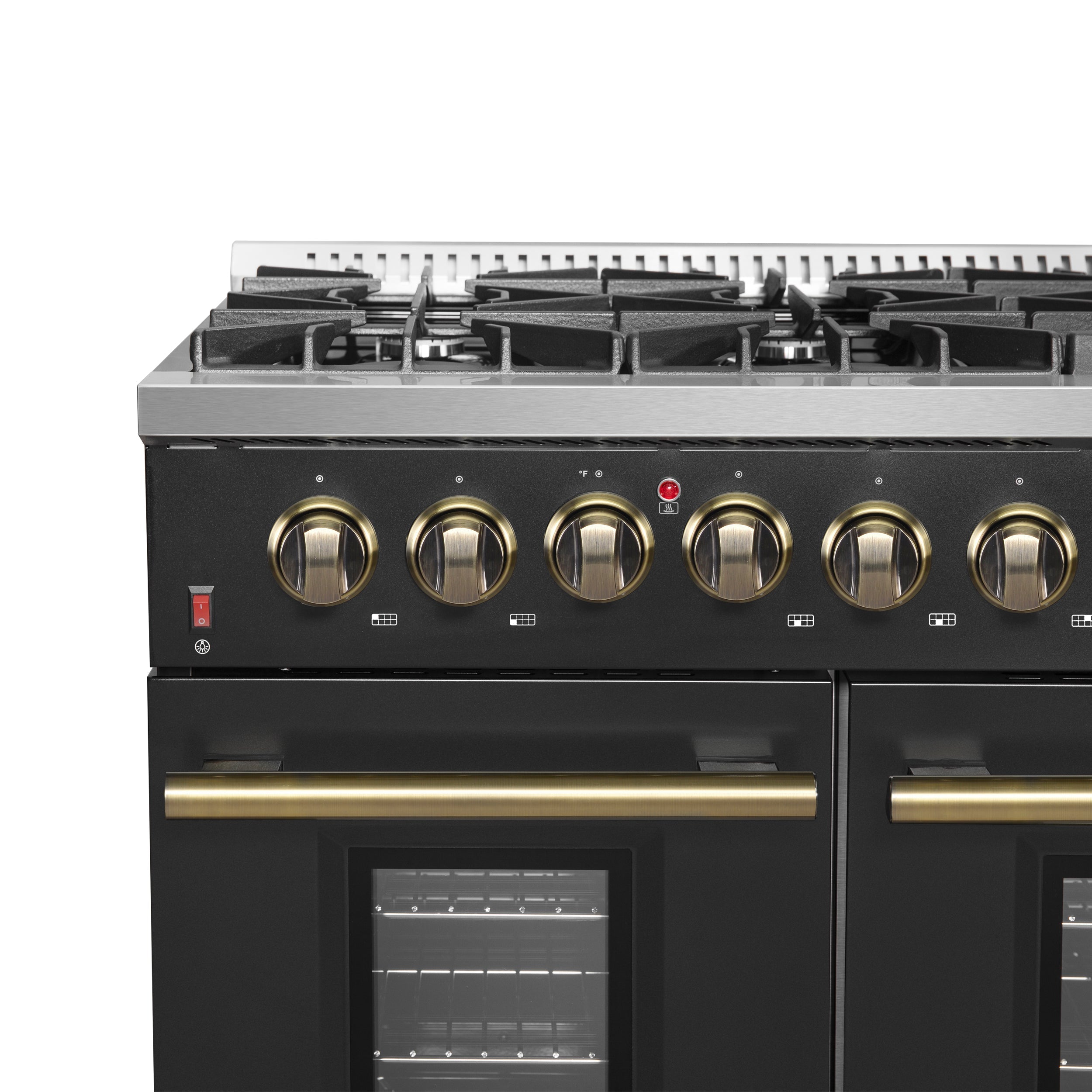 Forno Galiano 48-Inch Gas Range, 6.58 cu. ft. Double Oven, 8 Sealed Burners, Griddle, Black with Antique Brass Accents (Model FFSGS6244-48BLK)