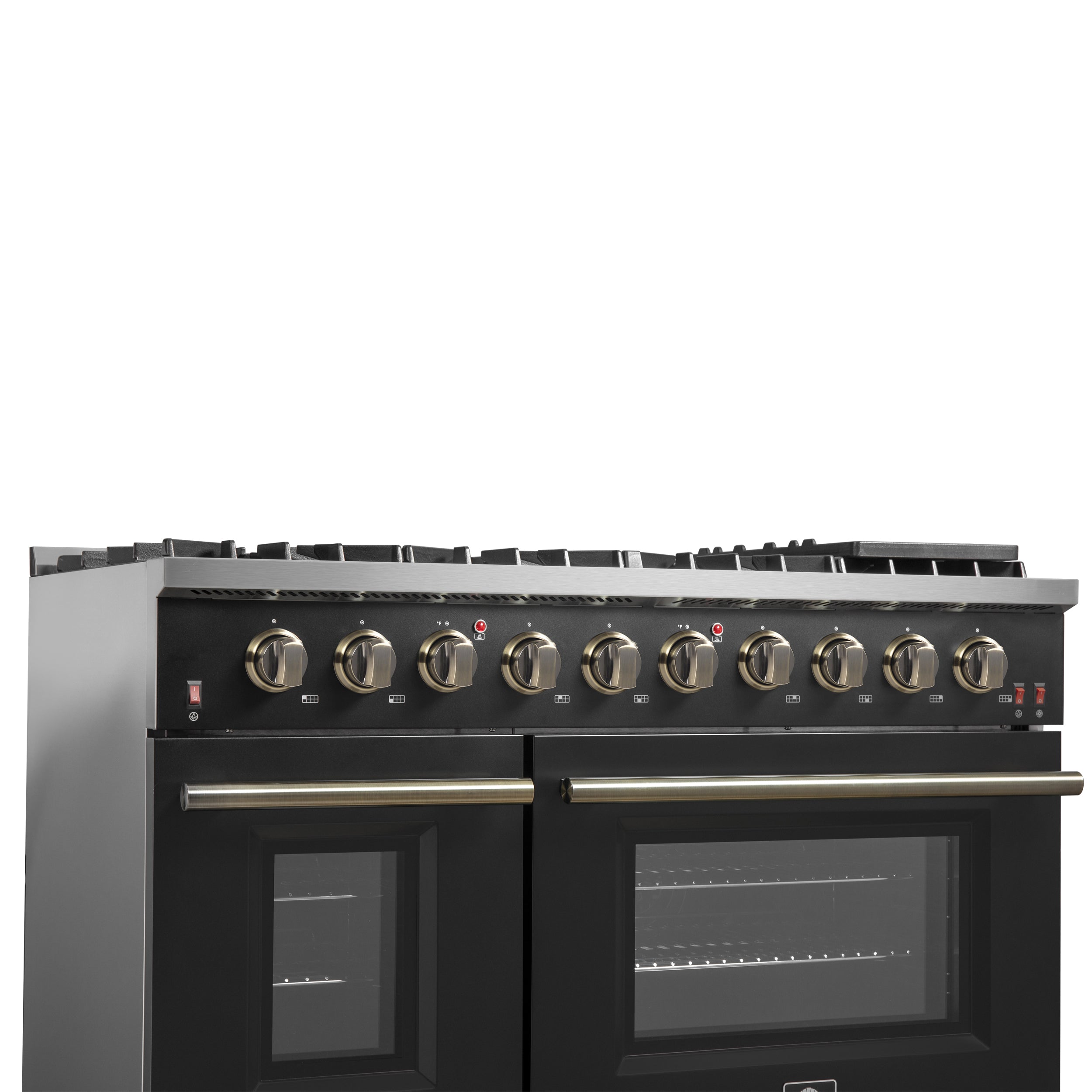 Forno Galiano 48-Inch Gas Range, 6.58 cu. ft. Double Oven, 8 Sealed Burners, Griddle, Black with Antique Brass Accents (Model FFSGS6244-48BLK)