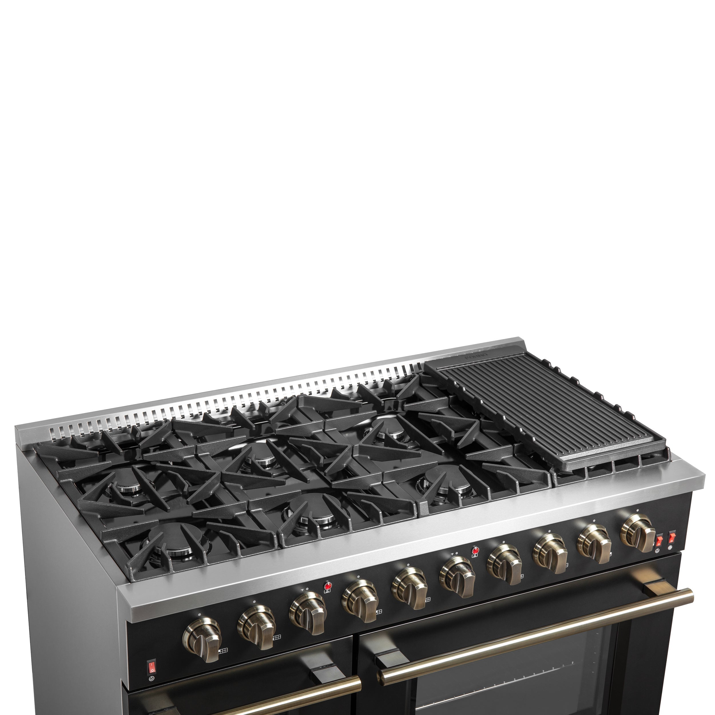 Forno Galiano 48-Inch Gas Range, 6.58 cu. ft. Double Oven, 8 Sealed Burners, Griddle, Black with Antique Brass Accents (Model FFSGS6244-48BLK)