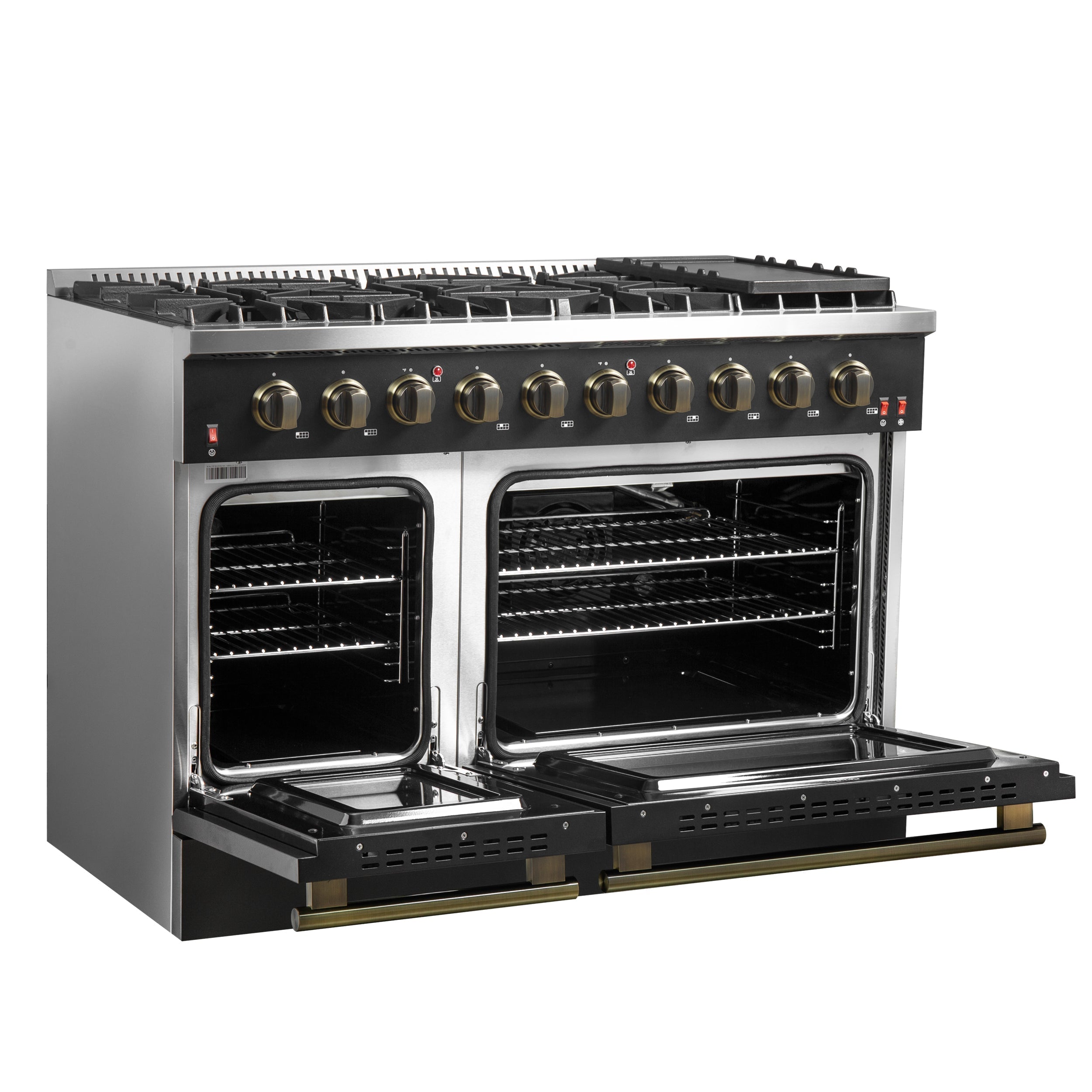 Forno Galiano 48-Inch Gas Range, 6.58 cu. ft. Double Oven, 8 Sealed Burners, Griddle, Black with Antique Brass Accents (Model FFSGS6244-48BLK)