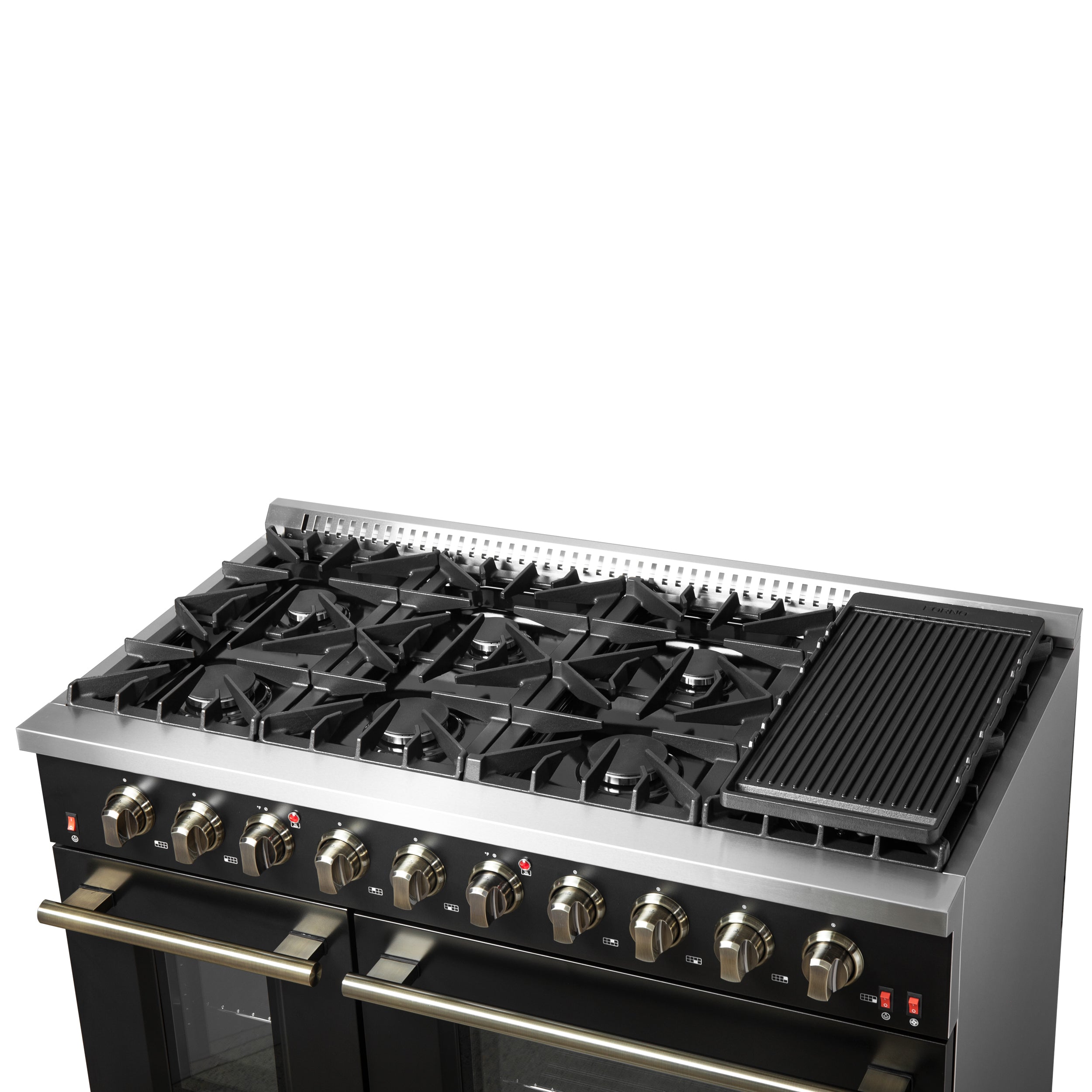Forno Galiano 48-Inch Gas Range, 6.58 cu. ft. Double Oven, 8 Sealed Burners, Griddle, Black with Antique Brass Accents (Model FFSGS6244-48BLK)