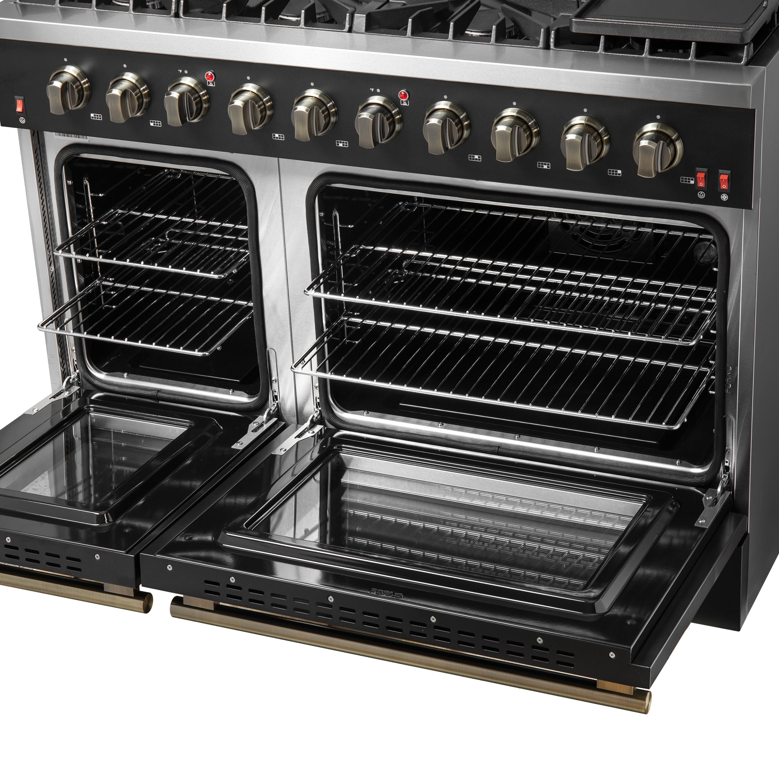 Forno Galiano 48-Inch Gas Range, 6.58 cu. ft. Double Oven, 8 Sealed Burners, Griddle, Black with Antique Brass Accents (Model FFSGS6244-48BLK)