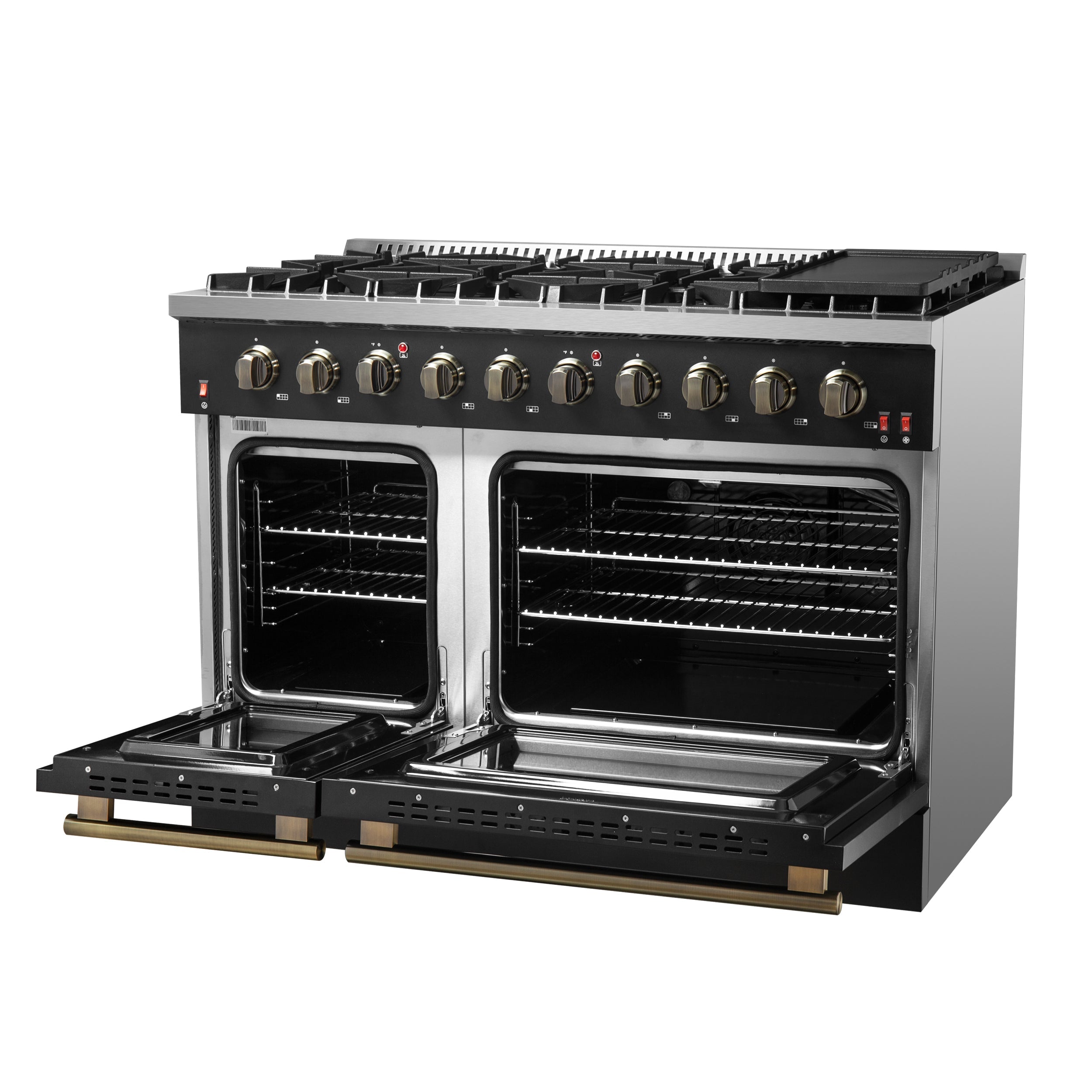 Forno Galiano 48-Inch Gas Range, 6.58 cu. ft. Double Oven, 8 Sealed Burners, Griddle, Black with Antique Brass Accents (Model FFSGS6244-48BLK)