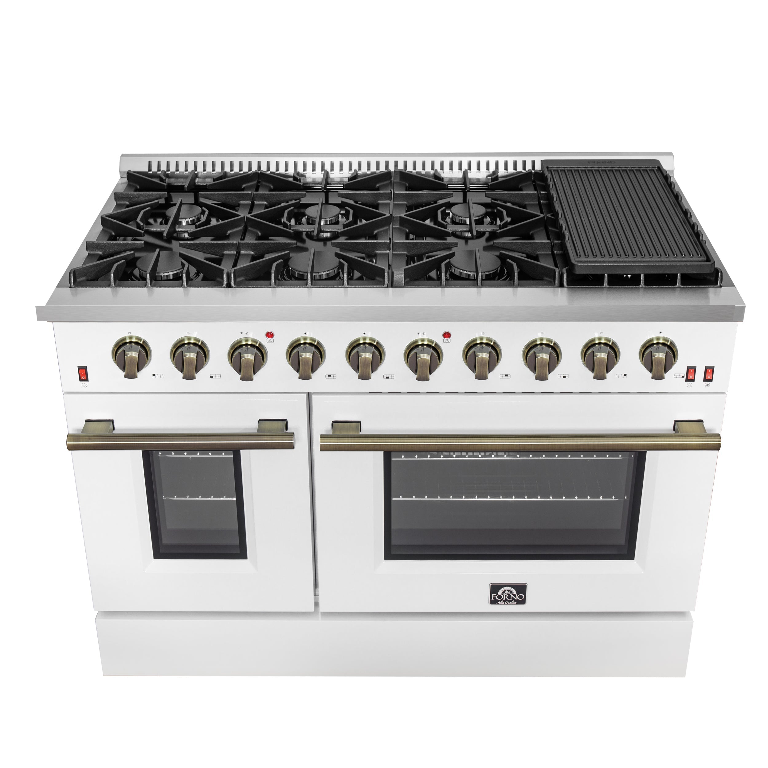 Forno Galiano 48-Inch Gas Range, 8 Sealed Brass Burners with Built-In Griddle, 6.58 cu. ft. Double Oven, White Stainless Steel with Antique Brass Accents, Model FFSGS6244-48WHT