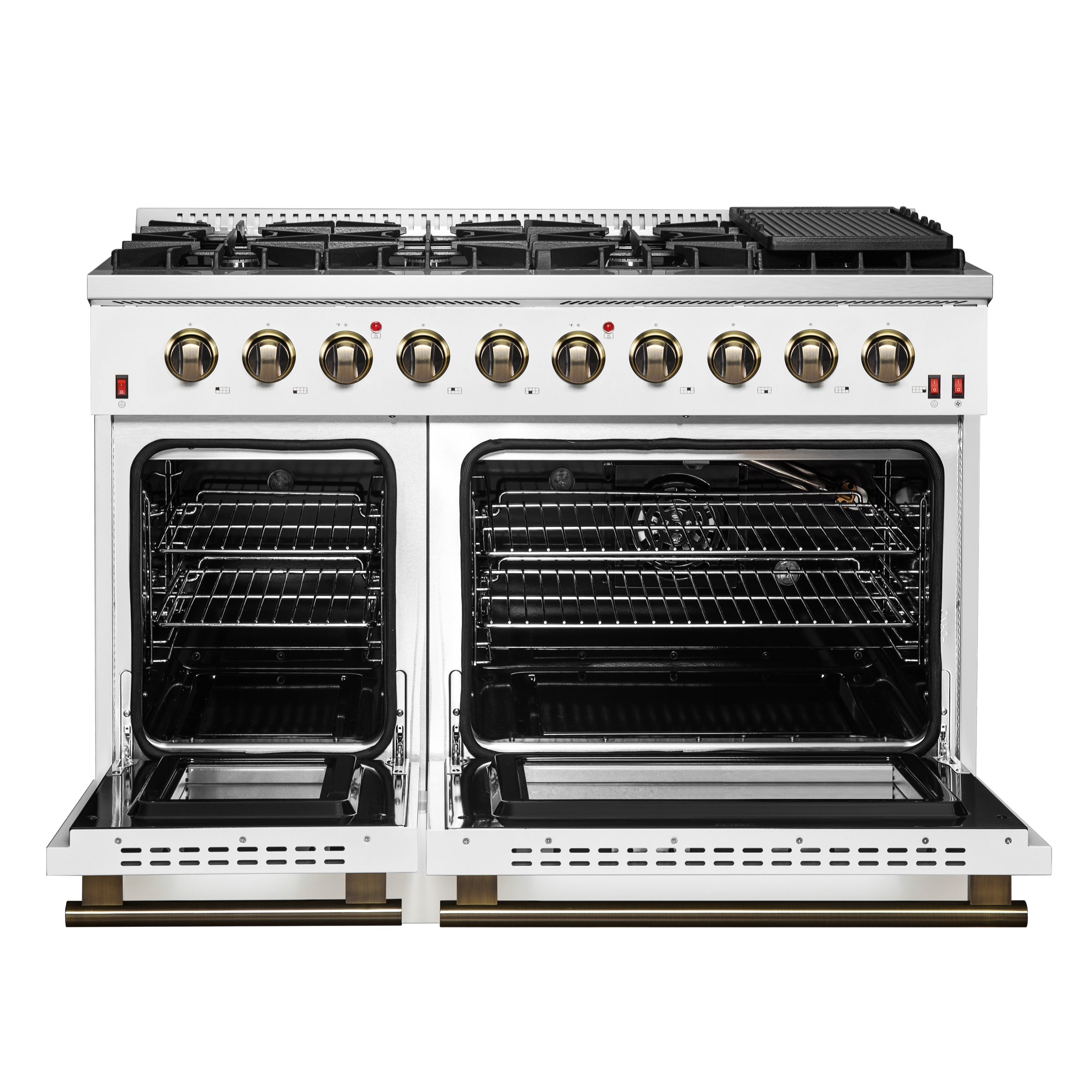 Forno Galiano 48-Inch Gas Range, 8 Sealed Brass Burners with Built-In Griddle, 6.58 cu. ft. Double Oven, White Stainless Steel with Antique Brass Accents, Model FFSGS6244-48WHT