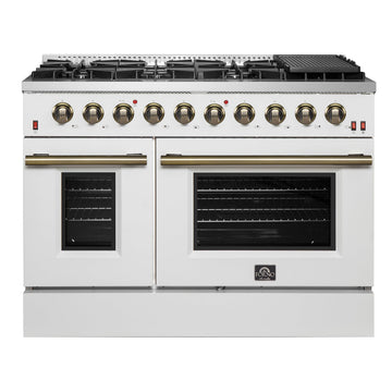 Forno Galiano 48-Inch Gas Range, 8 Sealed Brass Burners with Built-In Griddle, 6.58 cu. ft. Double Oven, White Stainless Steel with Antique Brass Accents, Model FFSGS6244-48WHT