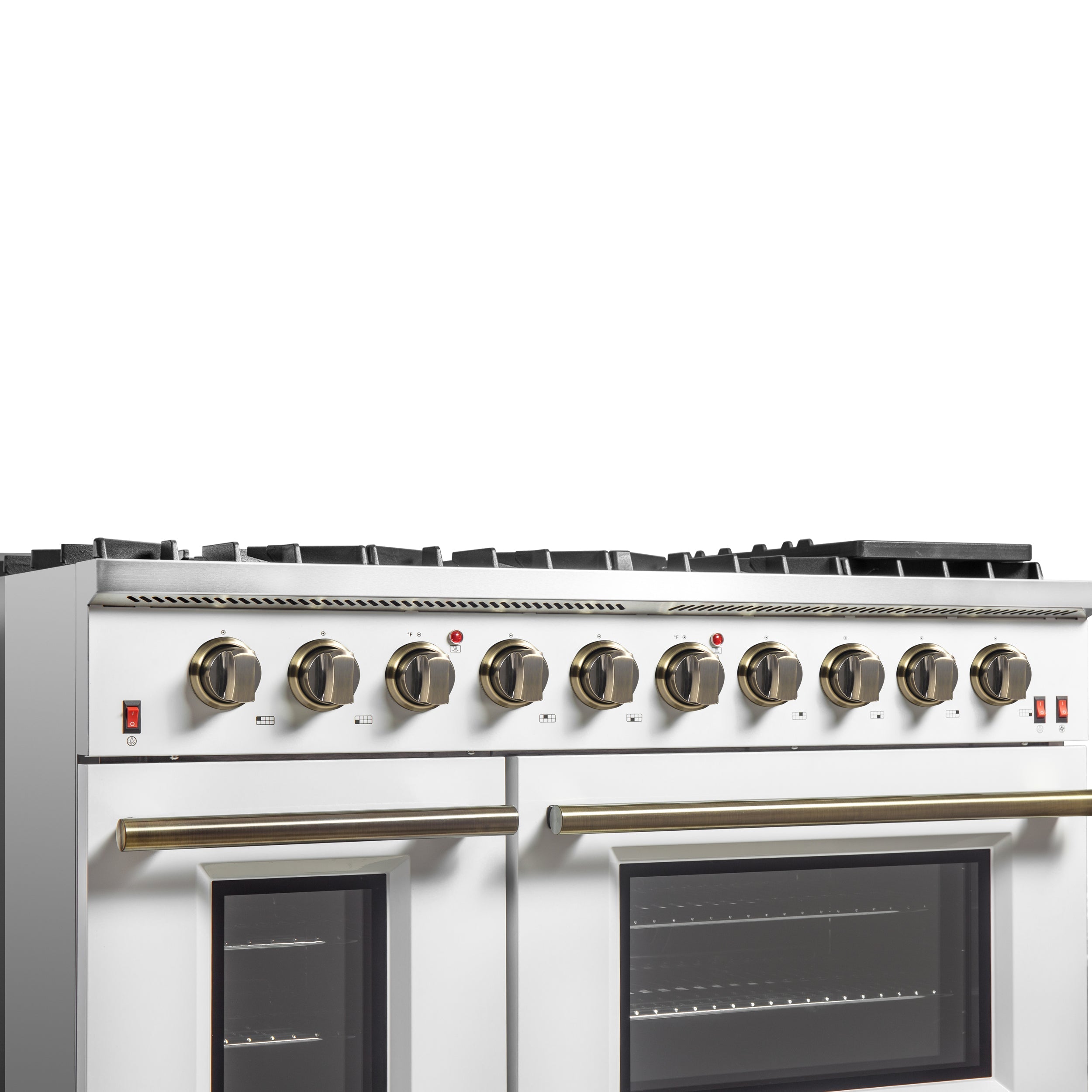 Forno Galiano 48-Inch Gas Range, 8 Sealed Brass Burners with Built-In Griddle, 6.58 cu. ft. Double Oven, White Stainless Steel with Antique Brass Accents, Model FFSGS6244-48WHT