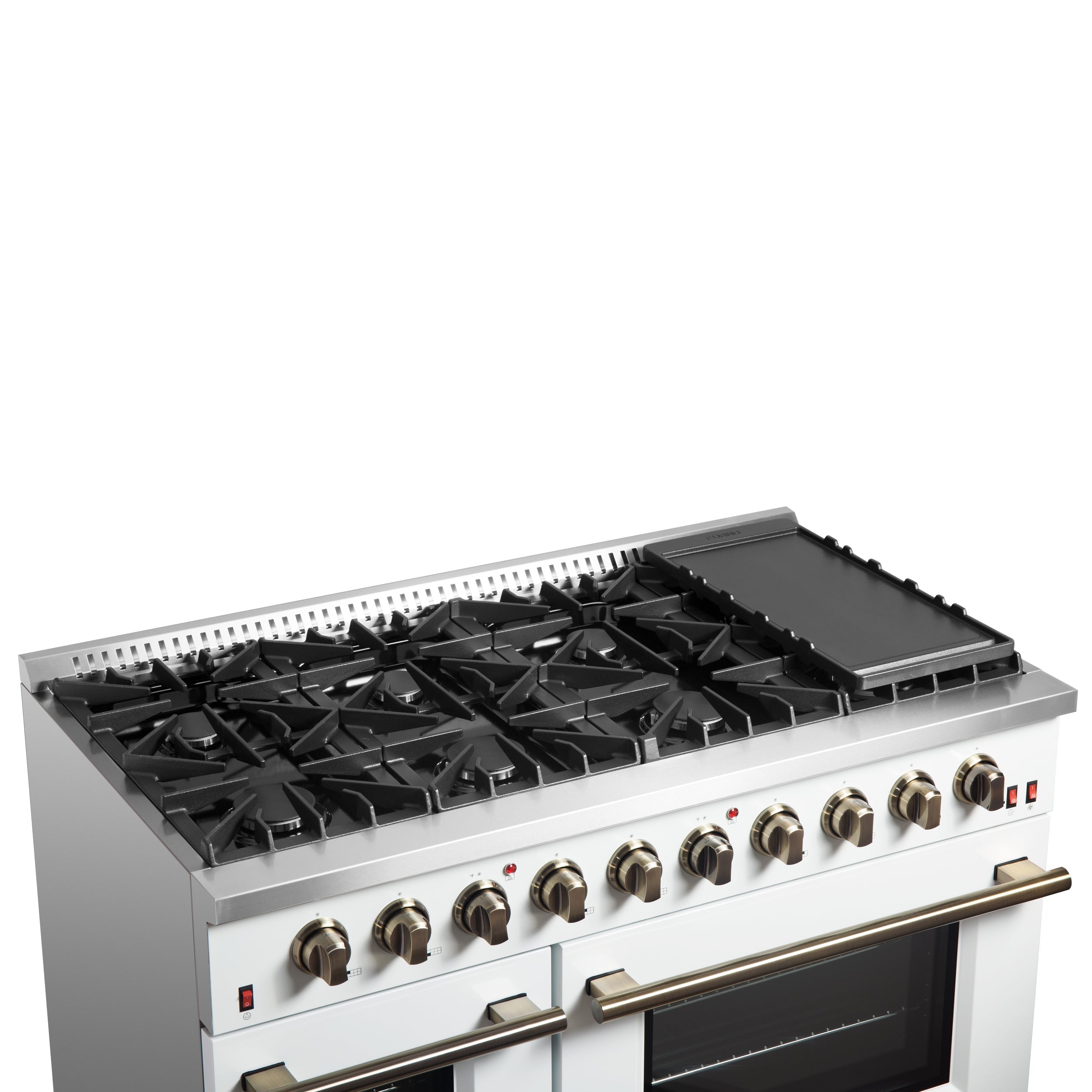 Forno Galiano 48-Inch Gas Range, 8 Sealed Brass Burners with Built-In Griddle, 6.58 cu. ft. Double Oven, White Stainless Steel with Antique Brass Accents, Model FFSGS6244-48WHT
