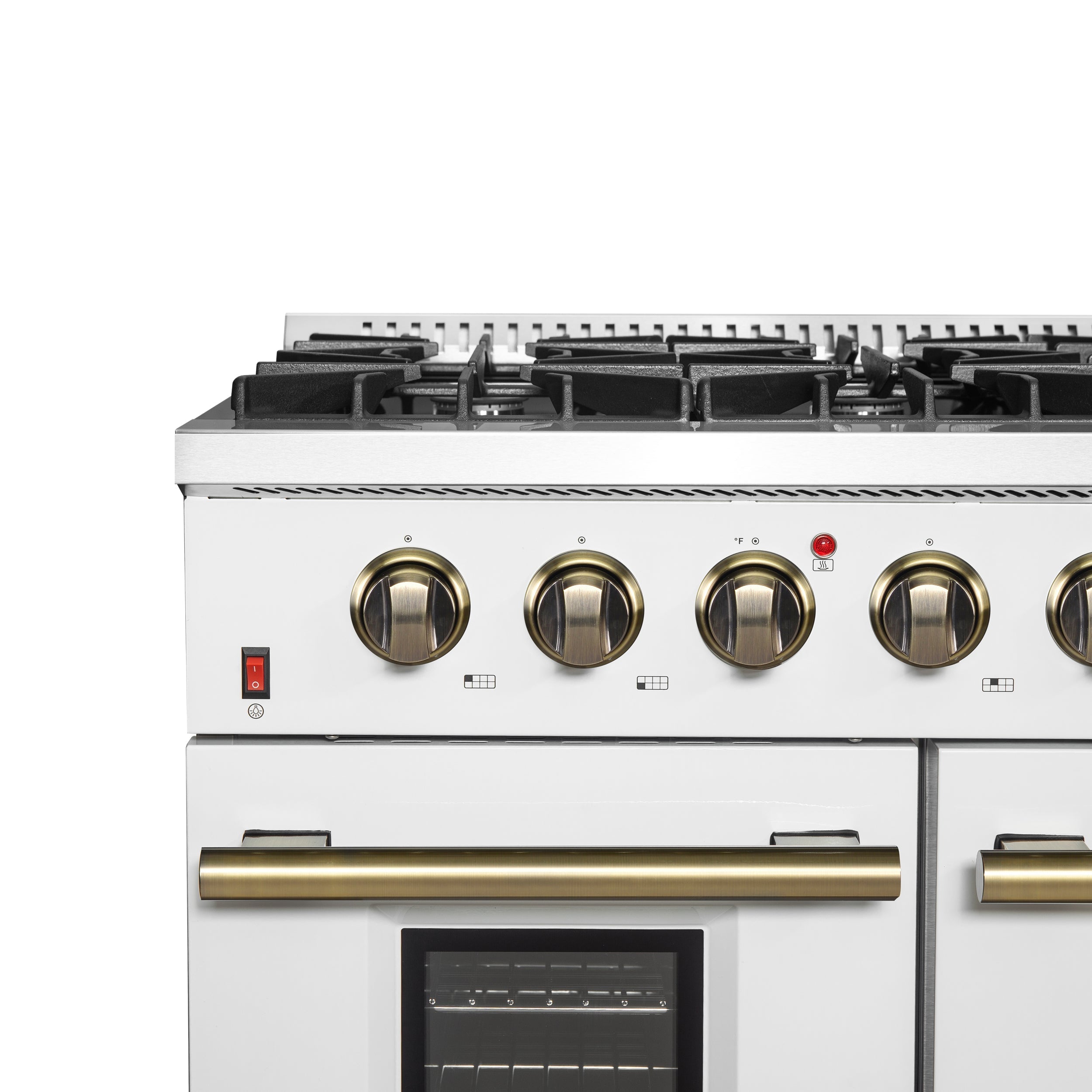 Forno Galiano 48-Inch Gas Range, 8 Sealed Brass Burners with Built-In Griddle, 6.58 cu. ft. Double Oven, White Stainless Steel with Antique Brass Accents, Model FFSGS6244-48WHT