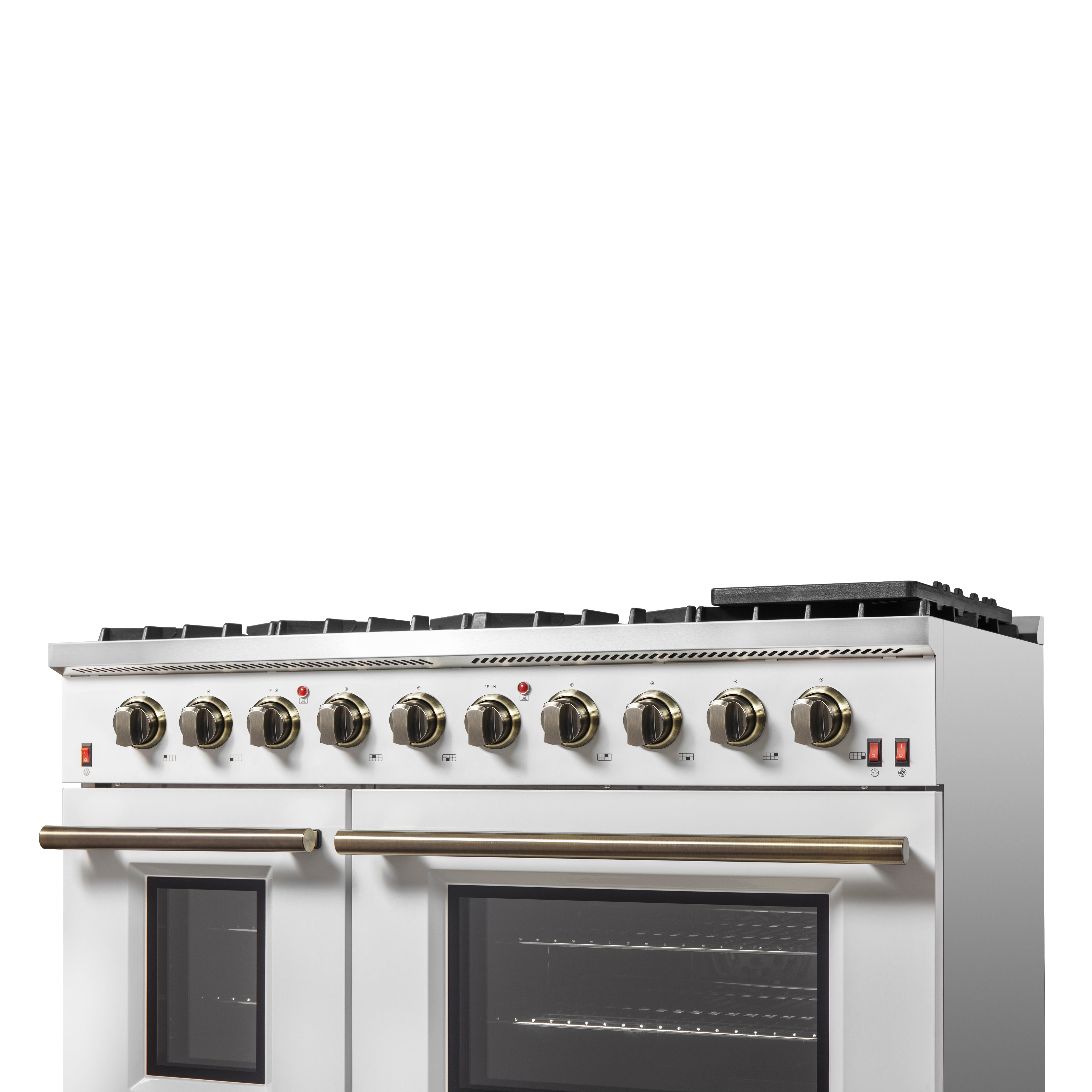 Forno Galiano 48-Inch Gas Range, 8 Sealed Brass Burners with Built-In Griddle, 6.58 cu. ft. Double Oven, White Stainless Steel with Antique Brass Accents, Model FFSGS6244-48WHT