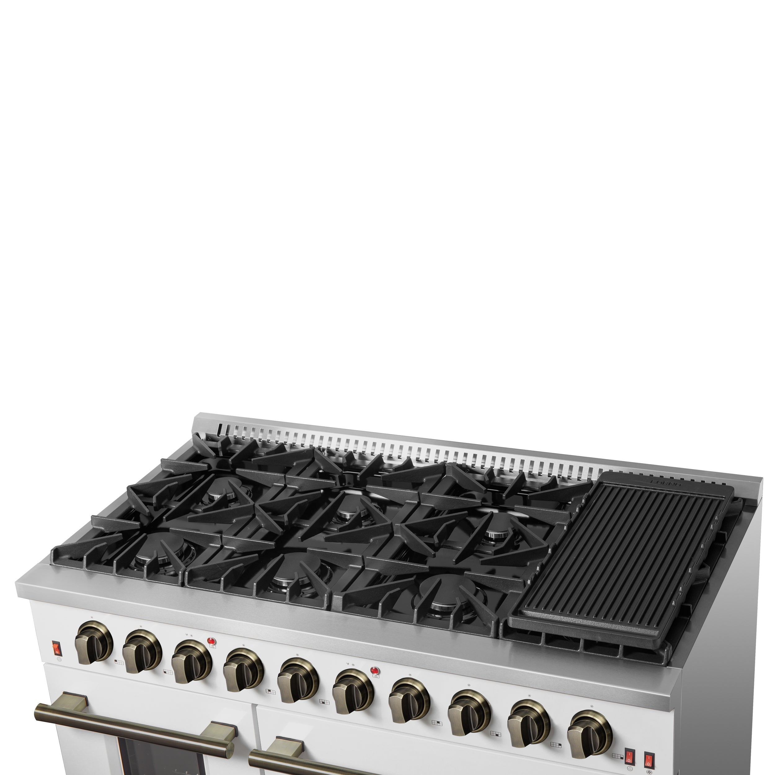 Forno Galiano 48-Inch Gas Range, 8 Sealed Brass Burners with Built-In Griddle, 6.58 cu. ft. Double Oven, White Stainless Steel with Antique Brass Accents, Model FFSGS6244-48WHT