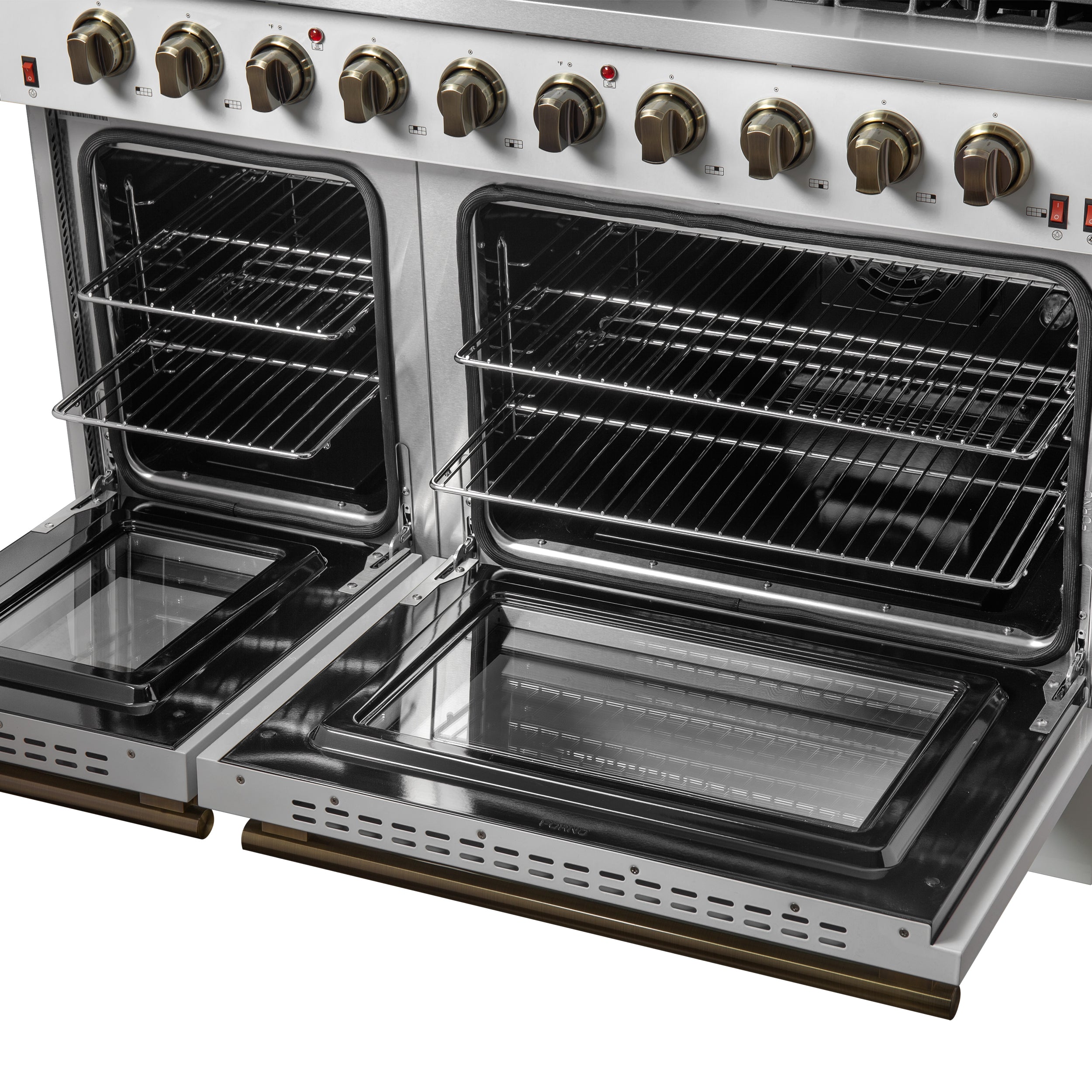 Forno Galiano 48-Inch Gas Range, 8 Sealed Brass Burners with Built-In Griddle, 6.58 cu. ft. Double Oven, White Stainless Steel with Antique Brass Accents, Model FFSGS6244-48WHT