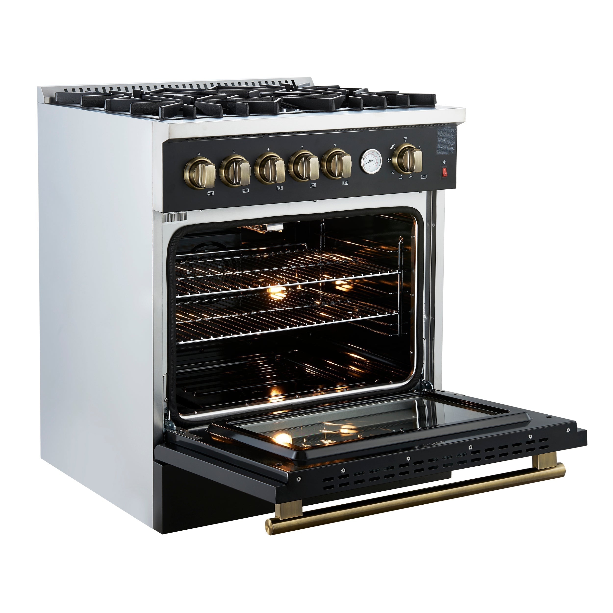 Forno Giovanni 30-Inch Gas Range, 4.32 cu. ft. Oven, 5 Sealed Burners with Griddle, Wok Ring & Air Fry Basket, Black with Antique Brass Accents (Model FFSGS6274-30BLK)