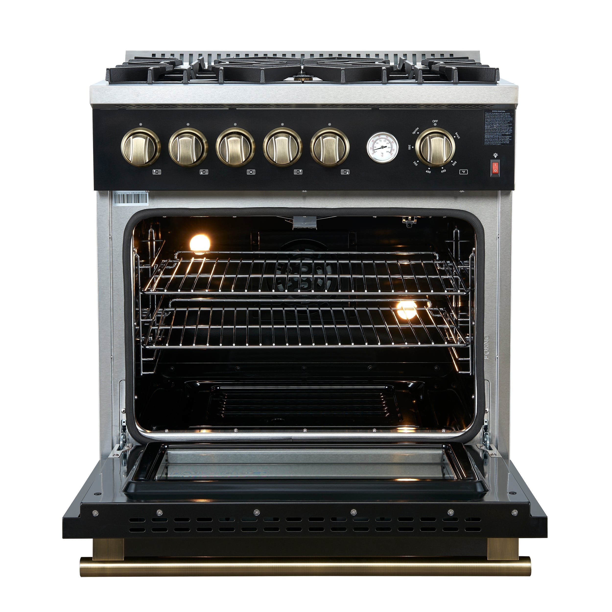 Forno Giovanni 30-Inch Gas Range, 4.32 cu. ft. Oven, 5 Sealed Burners with Griddle, Wok Ring & Air Fry Basket, Black with Antique Brass Accents (Model FFSGS6274-30BLK)
