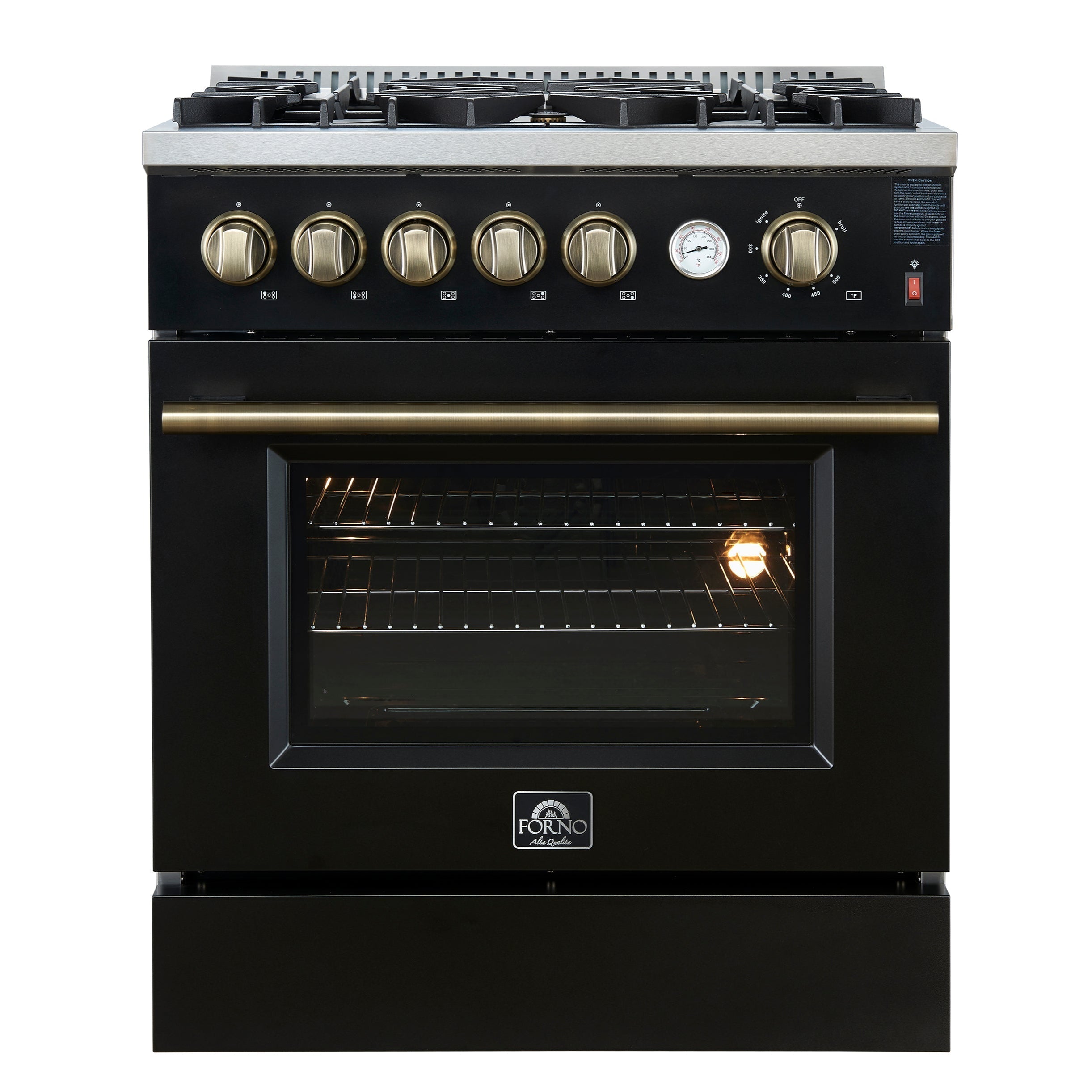 Forno Giovanni 30-Inch Gas Range, 4.32 cu. ft. Oven, 5 Sealed Burners with Griddle, Wok Ring & Air Fry Basket, Black with Antique Brass Accents (Model FFSGS6274-30BLK)
