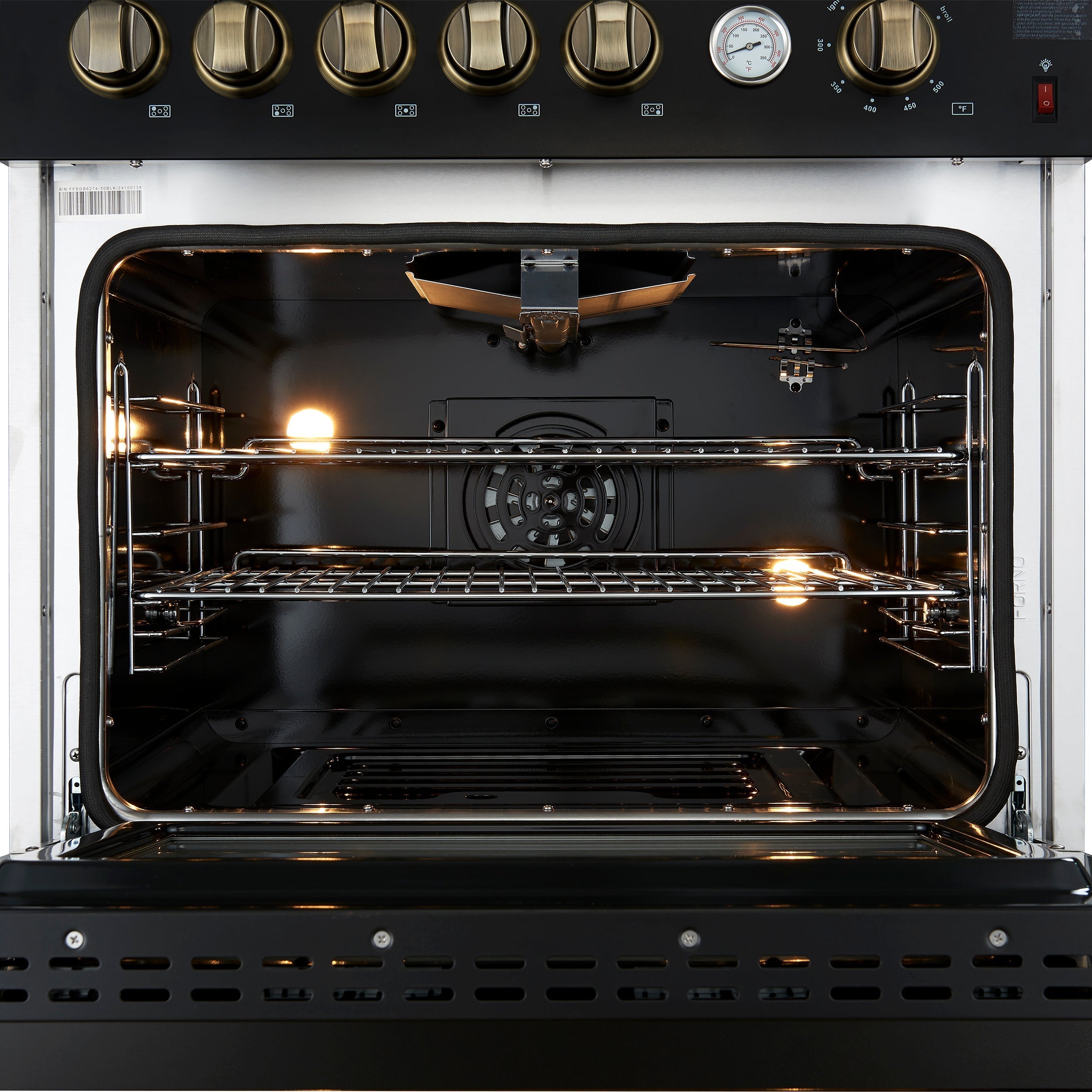 Forno Giovanni 30-Inch Gas Range, 4.32 cu. ft. Oven, 5 Sealed Burners with Griddle, Wok Ring & Air Fry Basket, Black with Antique Brass Accents (Model FFSGS6274-30BLK)