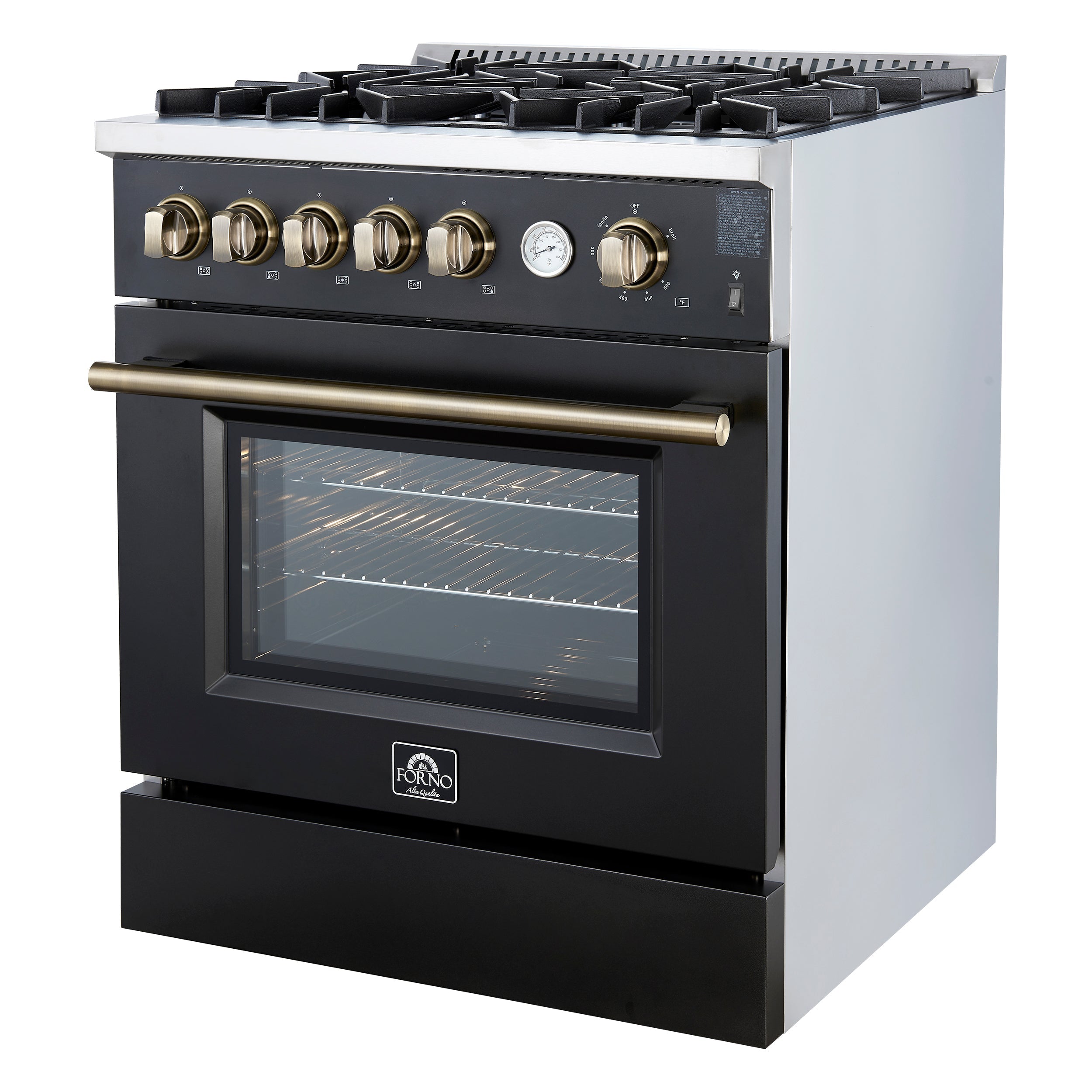 Forno Giovanni 30-Inch Gas Range, 4.32 cu. ft. Oven, 5 Sealed Burners with Griddle, Wok Ring & Air Fry Basket, Black with Antique Brass Accents (Model FFSGS6274-30BLK)