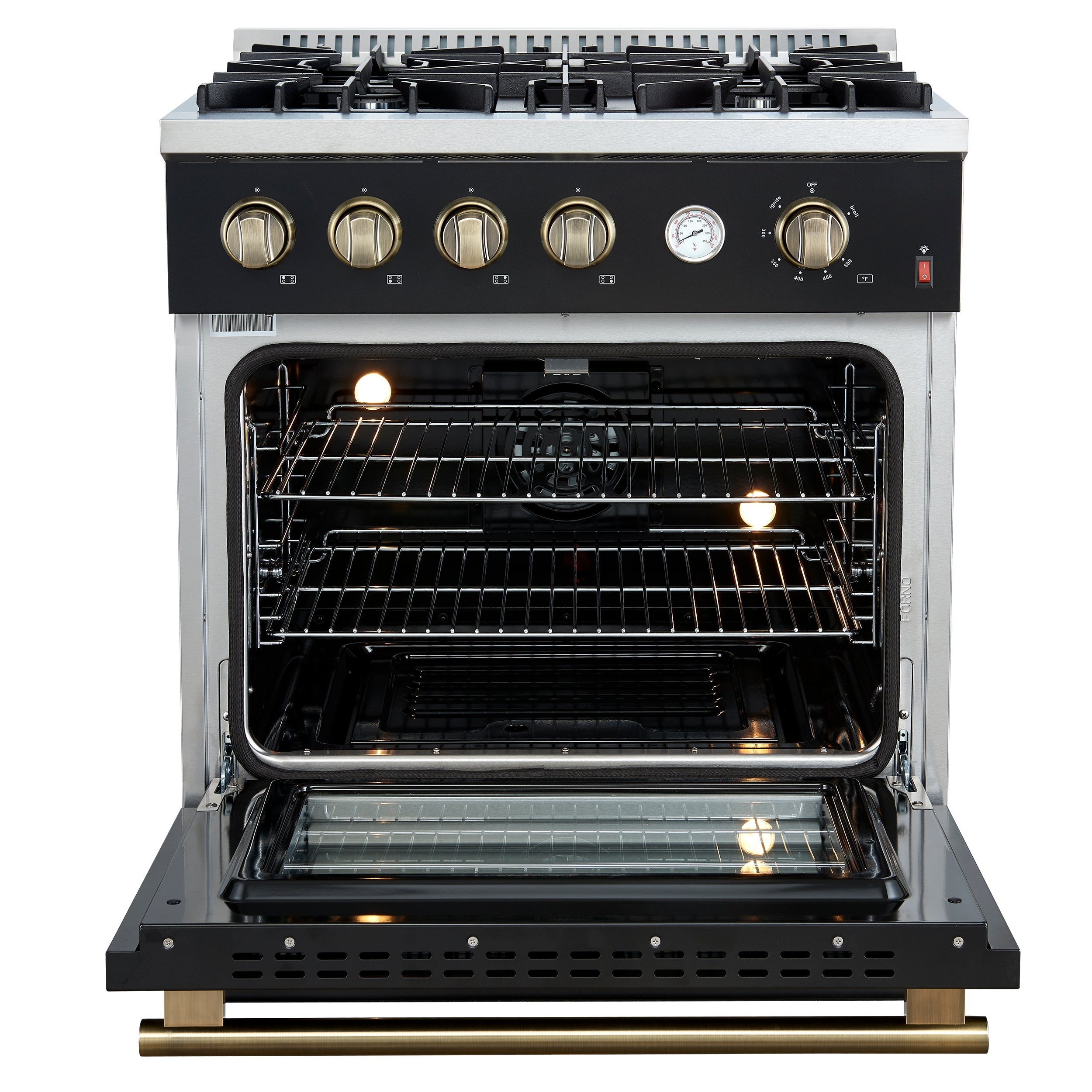 FORNO Marco 30-Inch Gas Range, 4.32 cu. ft. Oven, 4 Sealed Burners, Temperature Gauge, Black with Antique Brass Accents (Model FFSGS6277-30BLK)