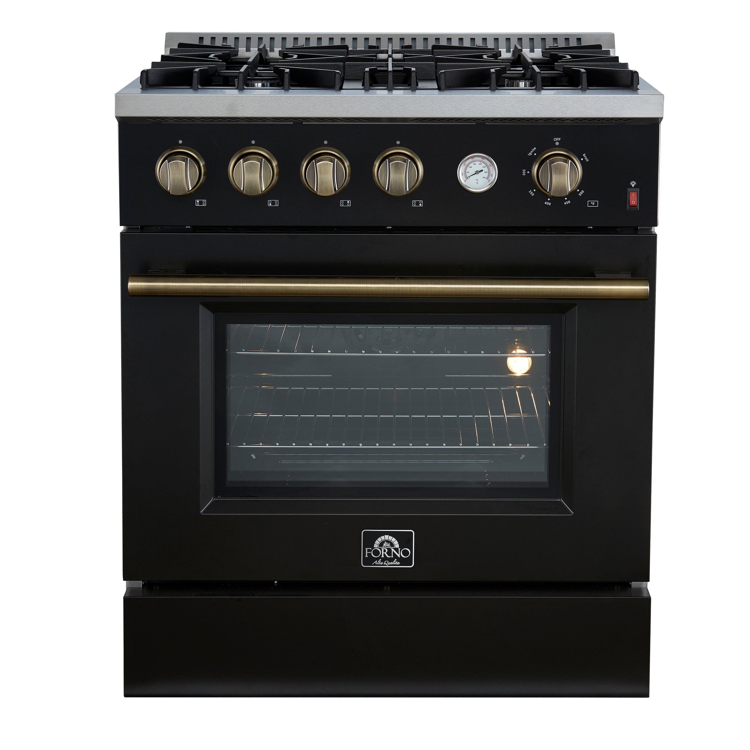 FORNO Marco 30-Inch Gas Range, 4.32 cu. ft. Oven, 4 Sealed Burners, Temperature Gauge, Black with Antique Brass Accents (Model FFSGS6277-30BLK)