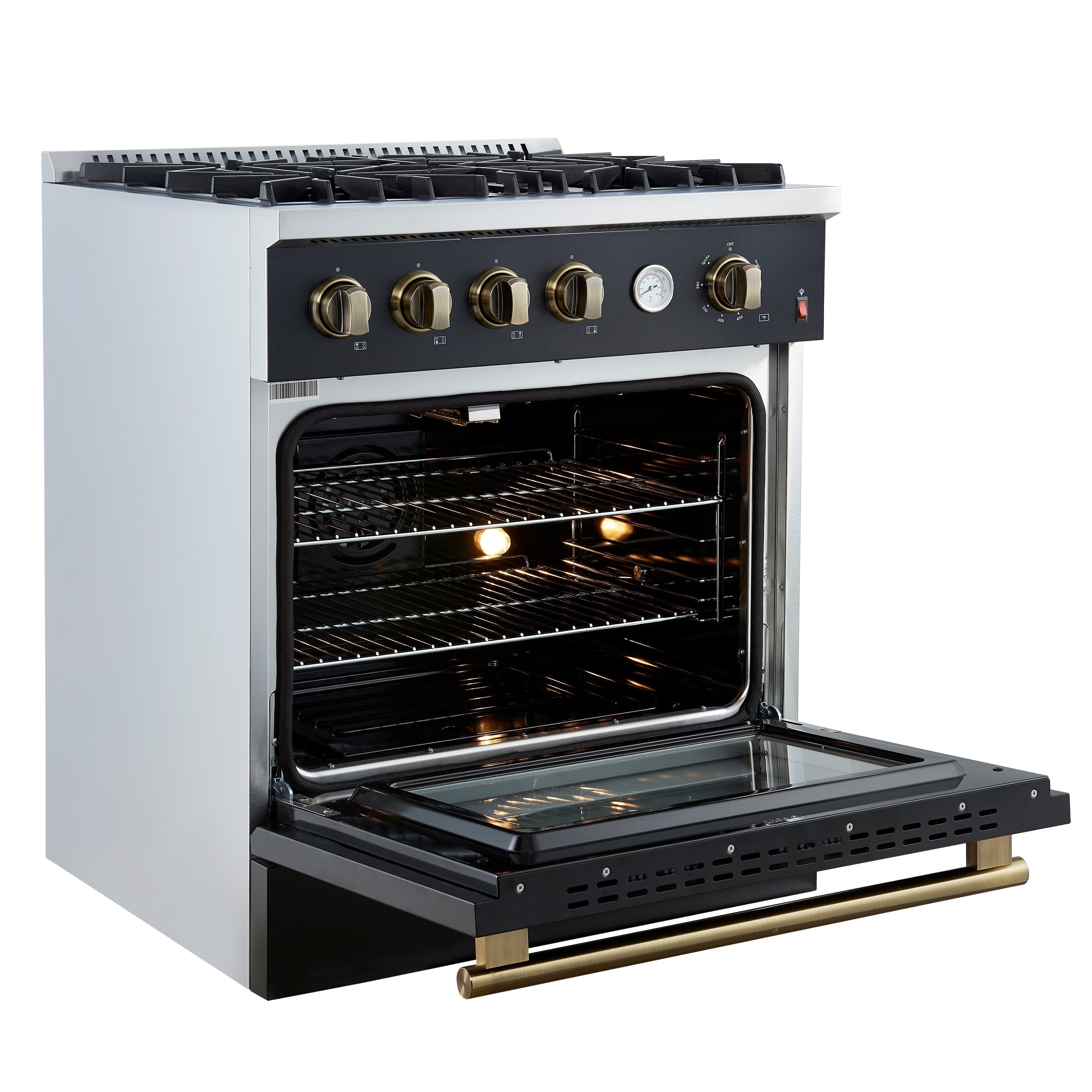 FORNO Marco 30-Inch Gas Range, 4.32 cu. ft. Oven, 4 Sealed Burners, Temperature Gauge, Black with Antique Brass Accents (Model FFSGS6277-30BLK)