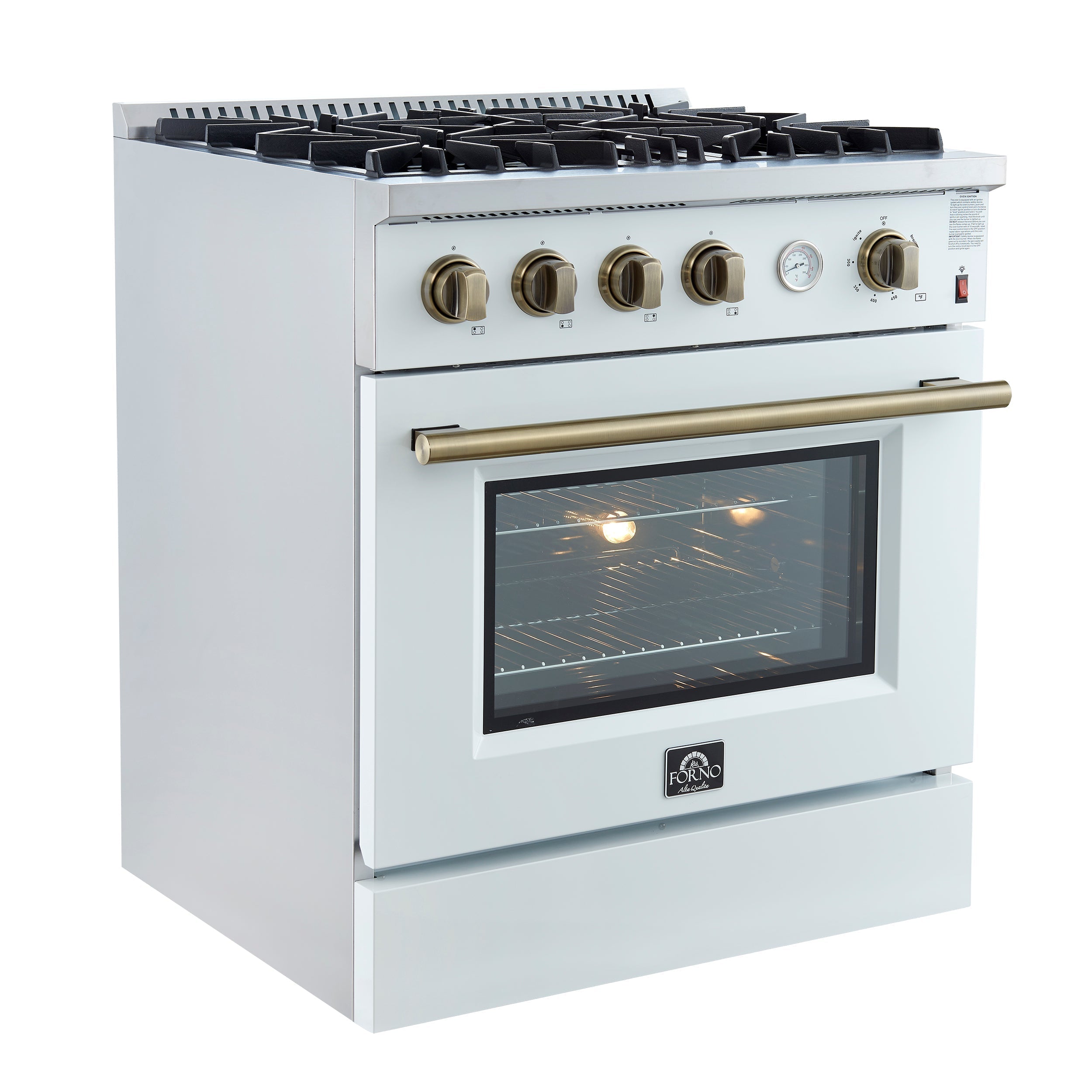 Forno Marco 30-Inch Gas Range, 4.32 cu ft Oven, 4 Sealed Burners, Temperature Gauge, White with Antique Brass Accents (FFSGS6277-30WHT)