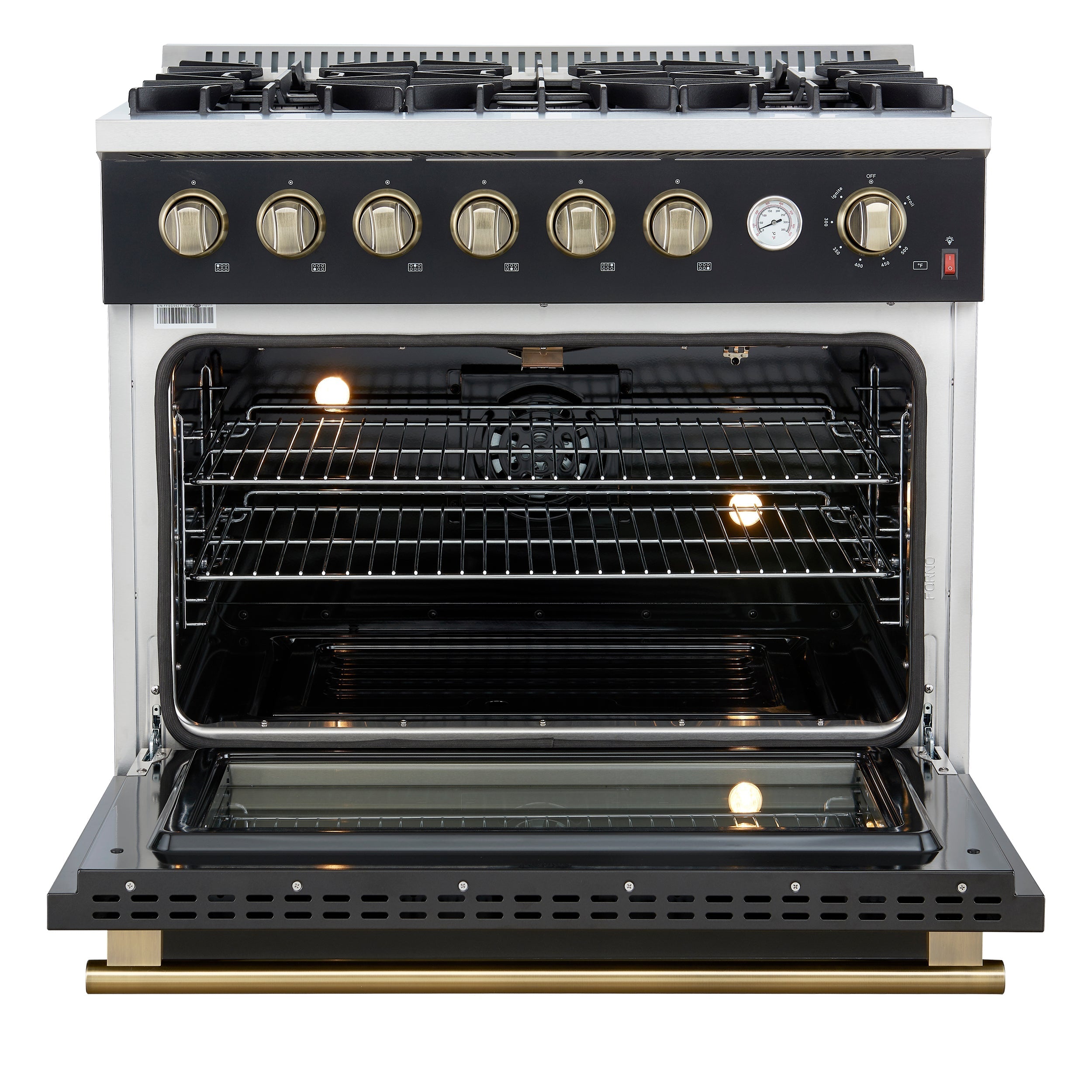 Forno Marco 36-Inch Gas Range, 5.36 cu. ft. Oven, 6 Sealed Burners, Built-In Temperature Gauge, Black with Antique Brass Accents (Model FFSGS6277-36BLK)