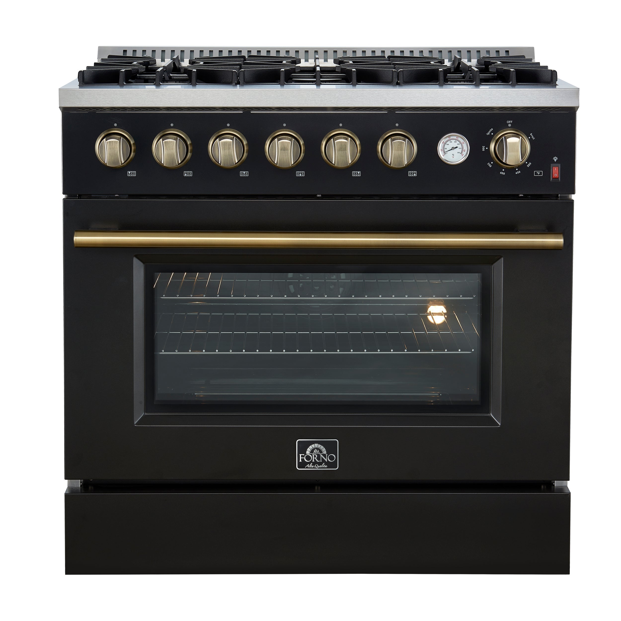 Forno Marco 36-Inch Gas Range, 5.36 cu. ft. Oven, 6 Sealed Burners, Built-In Temperature Gauge, Black with Antique Brass Accents (Model FFSGS6277-36BLK)