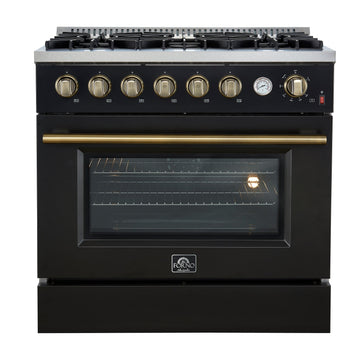 Forno Marco 36-Inch Gas Range, 5.36 cu. ft. Oven, 6 Sealed Burners, Built-In Temperature Gauge, Black with Antique Brass Accents (Model FFSGS6277-36BLK)