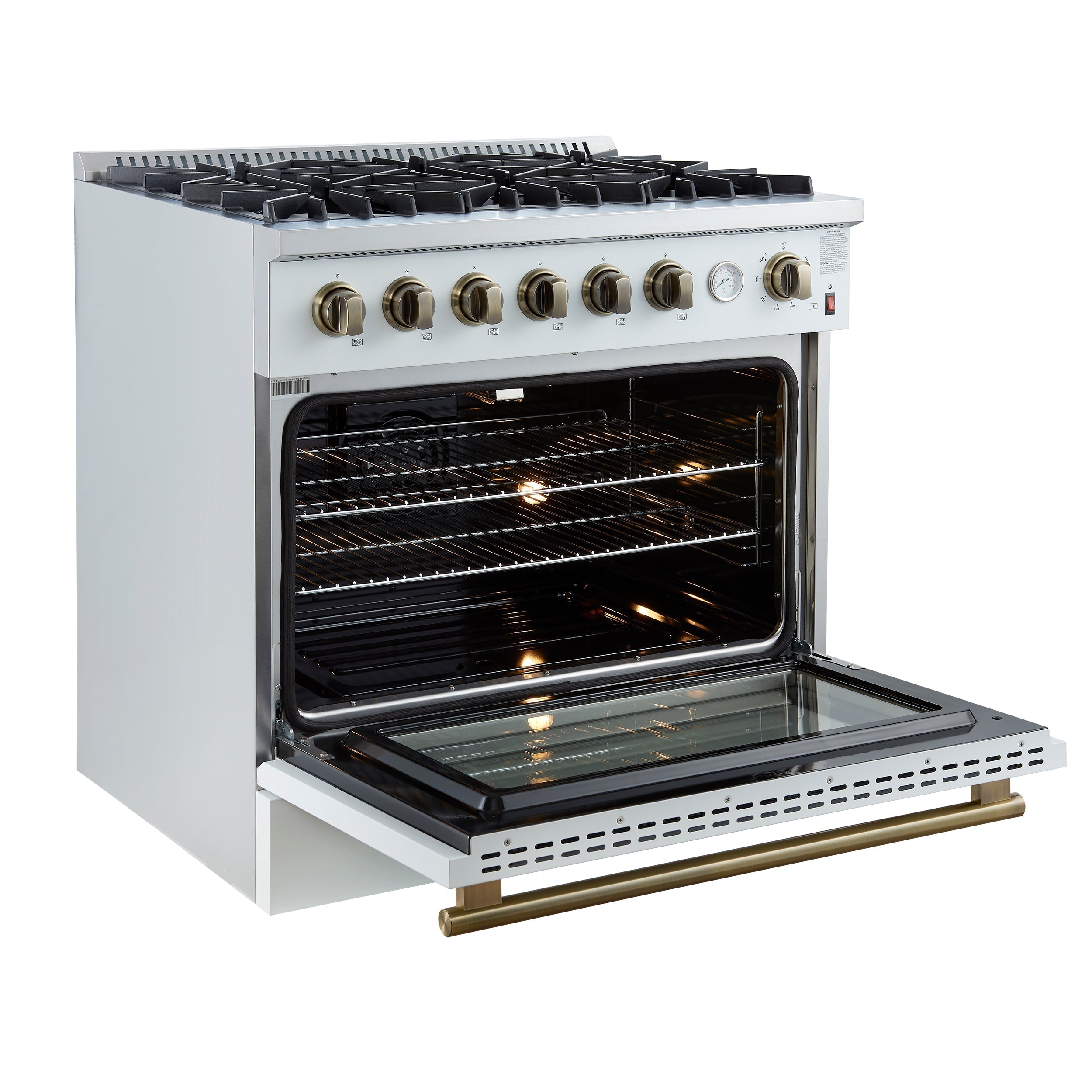 Forno Marco 36-Inch Gas Range, 5.36 cu. ft. Oven, 6 Sealed Burners, Temperature Gauge, White with Antique Brass Accents (FFSGS6277-36WHT)