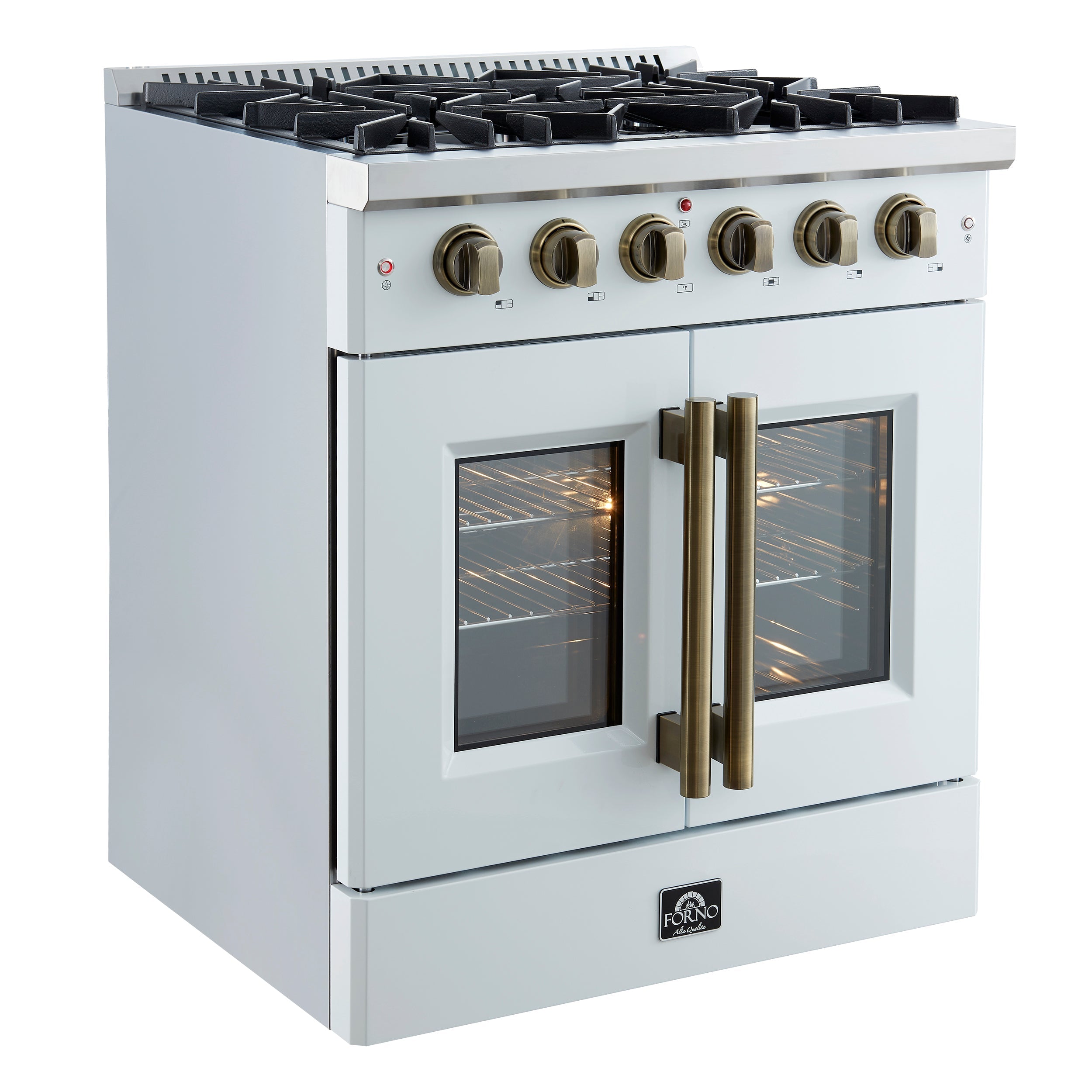 FORNO Galiano 30" French Door Gas Range, 4.32 cu. ft. Oven, 5 Sealed Burners, White Finish with Antique Brass Accents (Model FFSGS6444-30WHT)