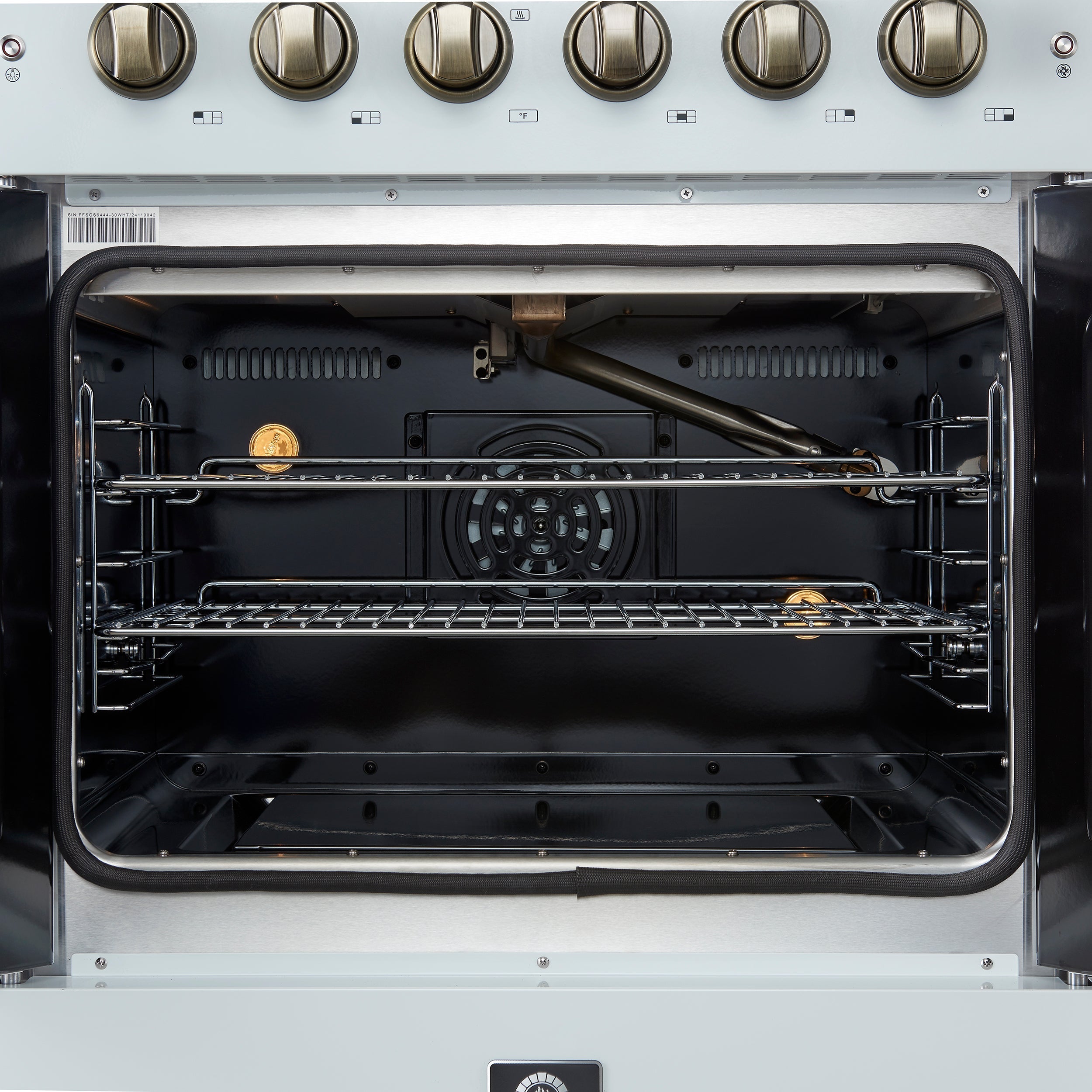FORNO Galiano 30" French Door Gas Range, 4.32 cu. ft. Oven, 5 Sealed Burners, White Finish with Antique Brass Accents (Model FFSGS6444-30WHT)