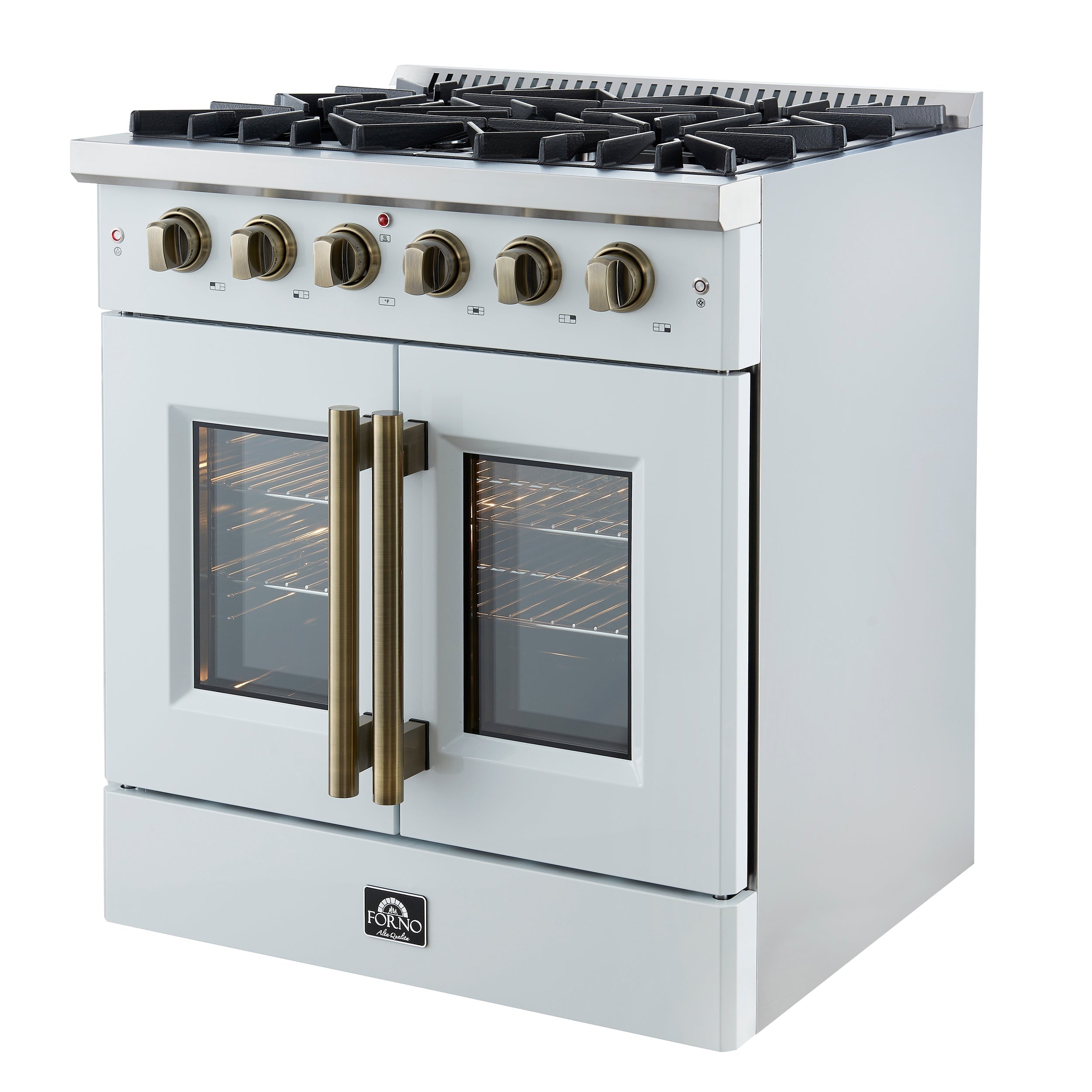 FORNO Galiano 30" French Door Gas Range, 4.32 cu. ft. Oven, 5 Sealed Burners, White Finish with Antique Brass Accents (Model FFSGS6444-30WHT)