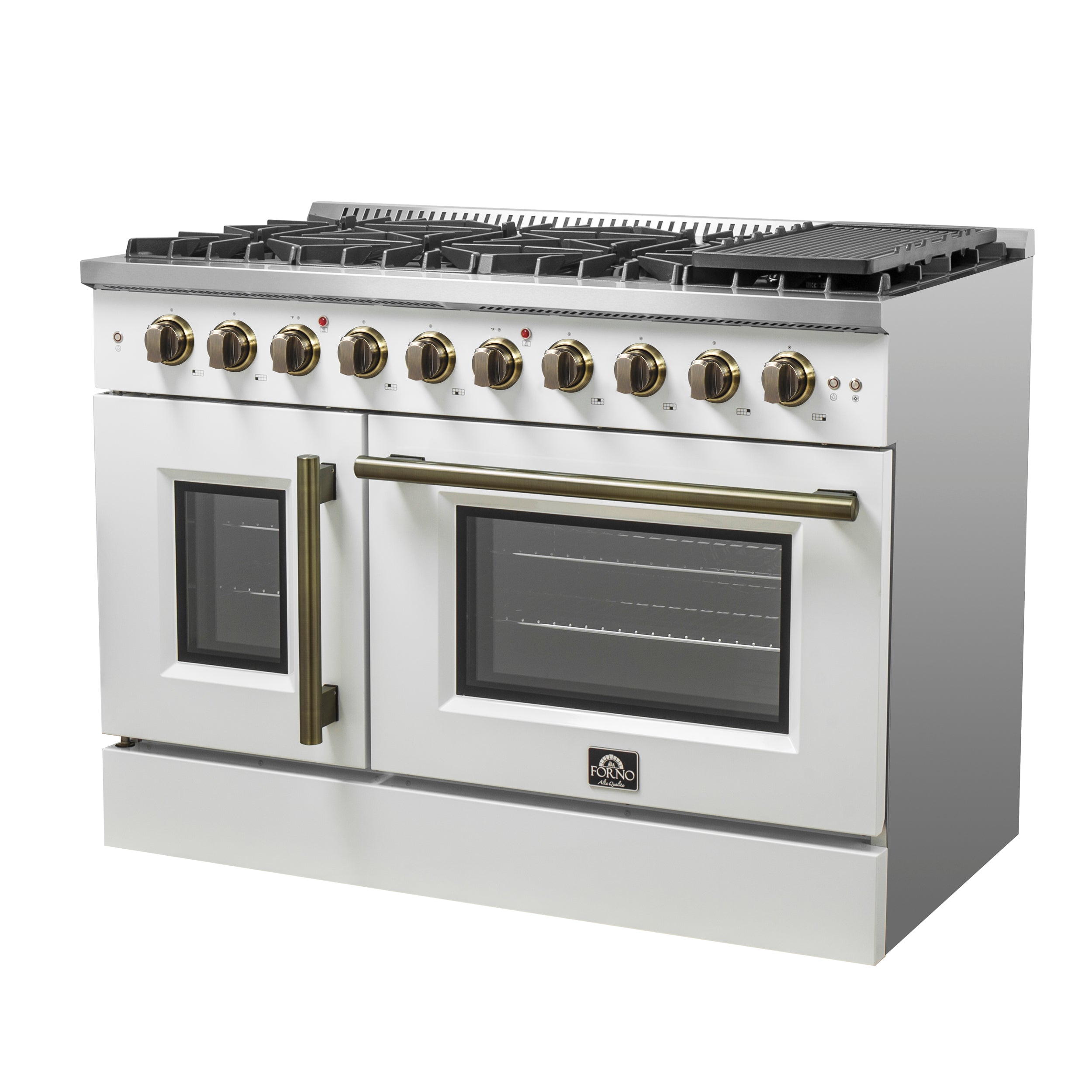 Forno Galiano 48-Inch French Door Gas Range, 6.58 cu. ft., 8 Sealed Burners with Griddle, White with Antique Brass Accents (Model FFSGS6444-48WHT)