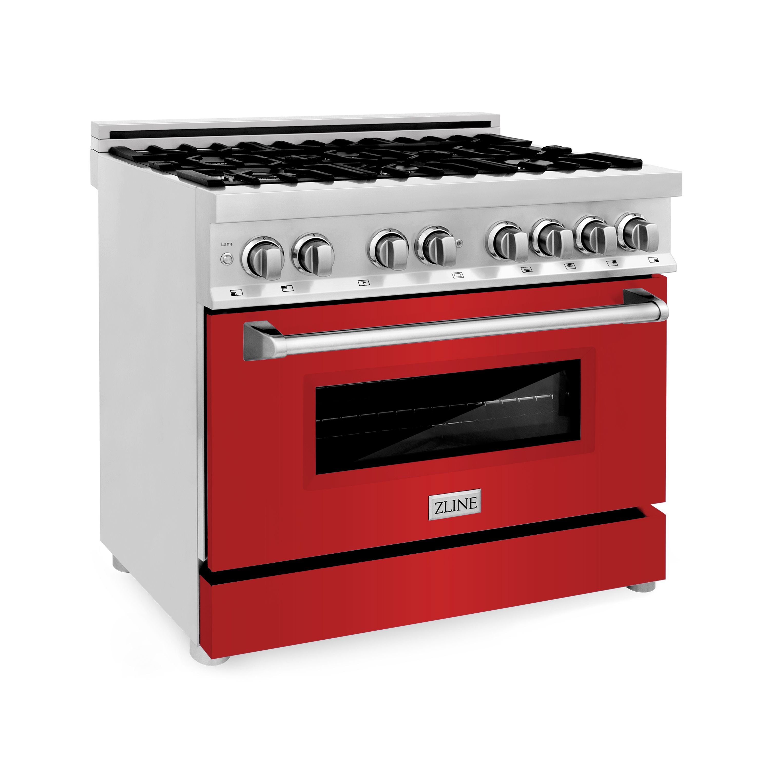 ZLINE 36 in. Dual Fuel Range with 6-Burner Gas Cooktop and Electric Convection Oven in Stainless Steel with Red Matte Door (RA-RM-36)